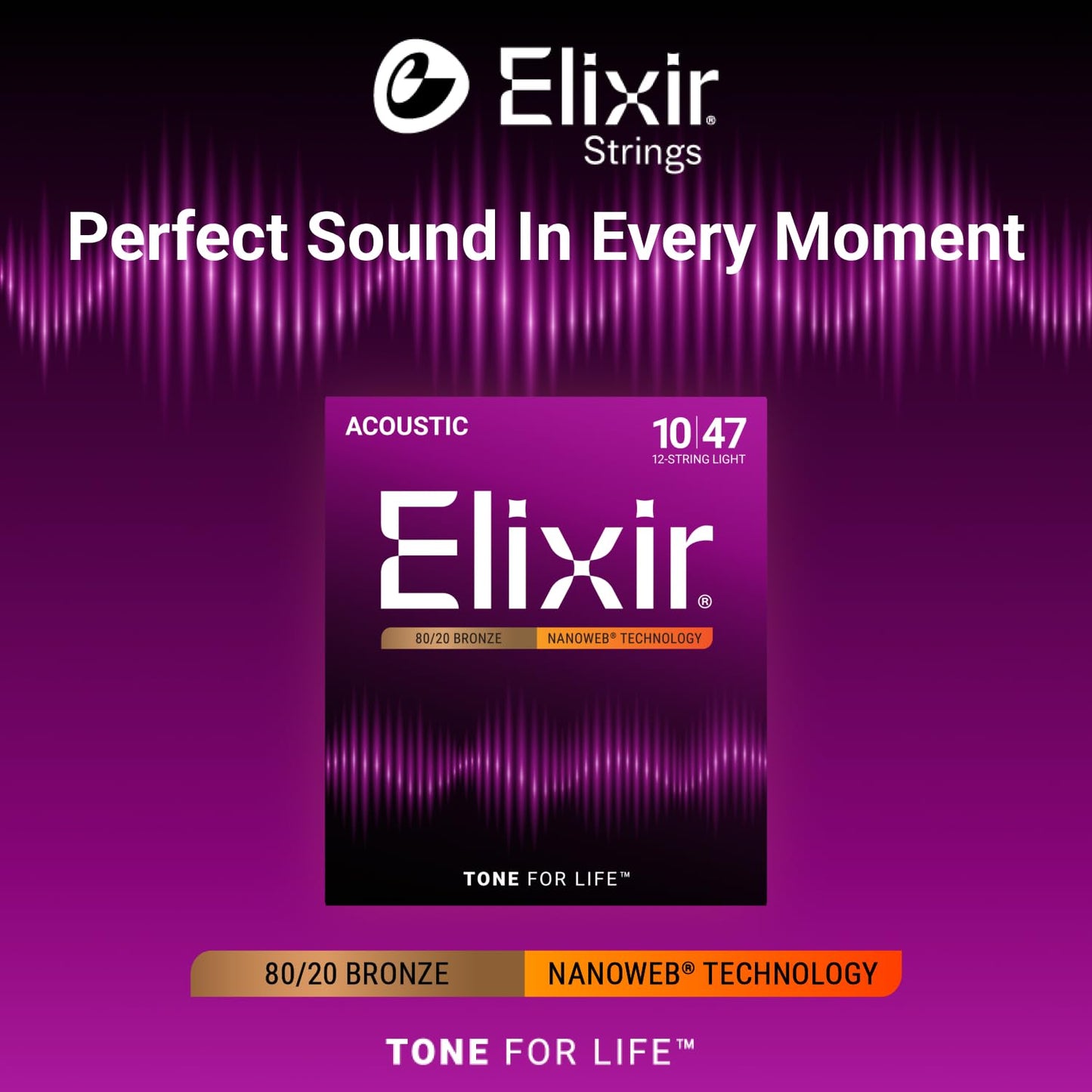 Elixir 80/20 Bronze 12-String Acoustic Guitar Strings with Nanoweb Coating - Light 10-47