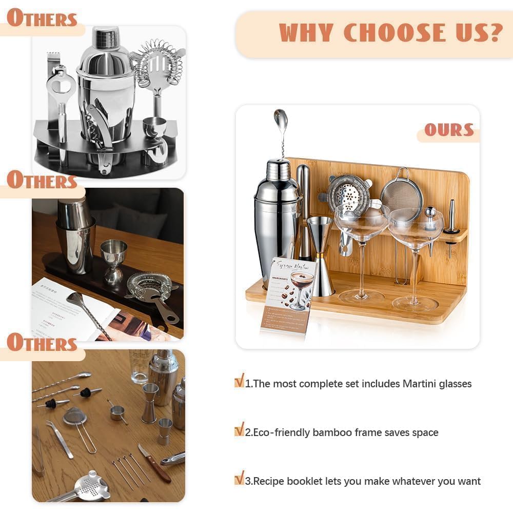 USEERIL Espresso Martini Kit Gifts Set with 2 Glasses,Mixology Bartender Kit,Cocktail Shaker Set with Bamboo Stand for Drink Mixer,Bar Set for House Warming Gifts,Home bar,Party Favors