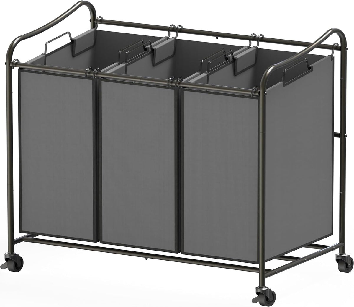 Simple Houseware 3-Section Rolling Laundry Hamper - Heavy Duty Laundry Sorter Cart with Wheels & 3 Removable Bags for Clothes Organization, Dark Grey