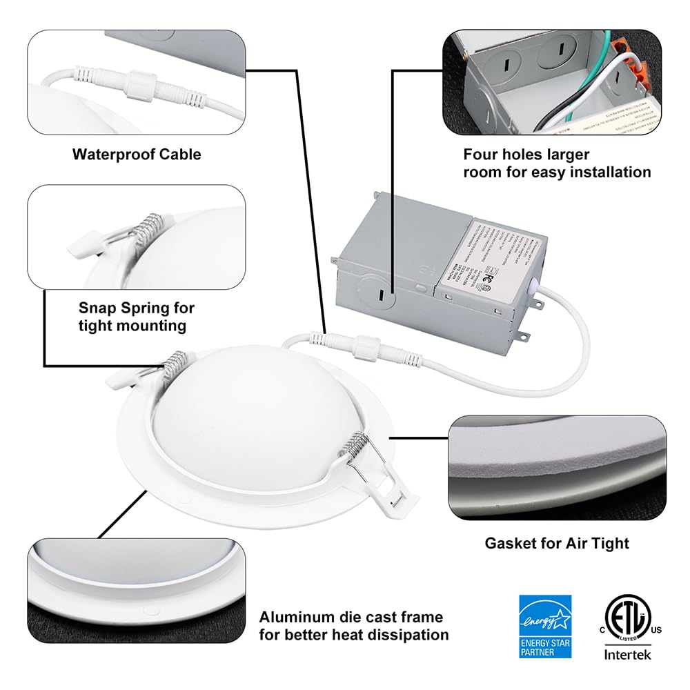 GCN LIGHT Gimbal 3000K 4000K 5000K Adjustable 9W 4 Inch 900LM Dimmable LED Recessed Pot Light, ETL Energy Star Listed IC Rated LED Slim Panel/Downlight with Junction Box, 6 Pack