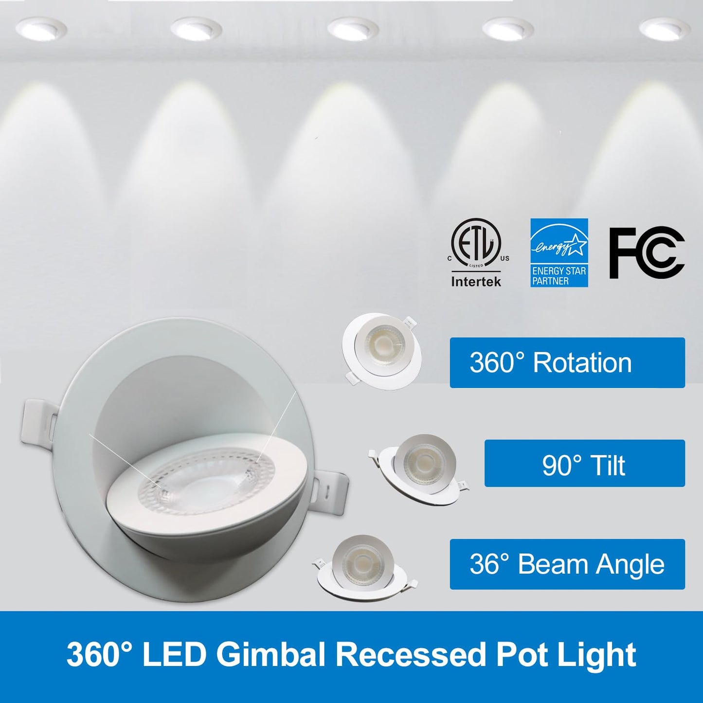 CSACCT LIGHT Ultra Thin 4 Inch Gimbal LED Recessed Pot Lights, 9W 900LM Dimmable, 3000K 4000K 5000K Selectable, IC Rated with Junction Box, ETL Listed, 6 Pack