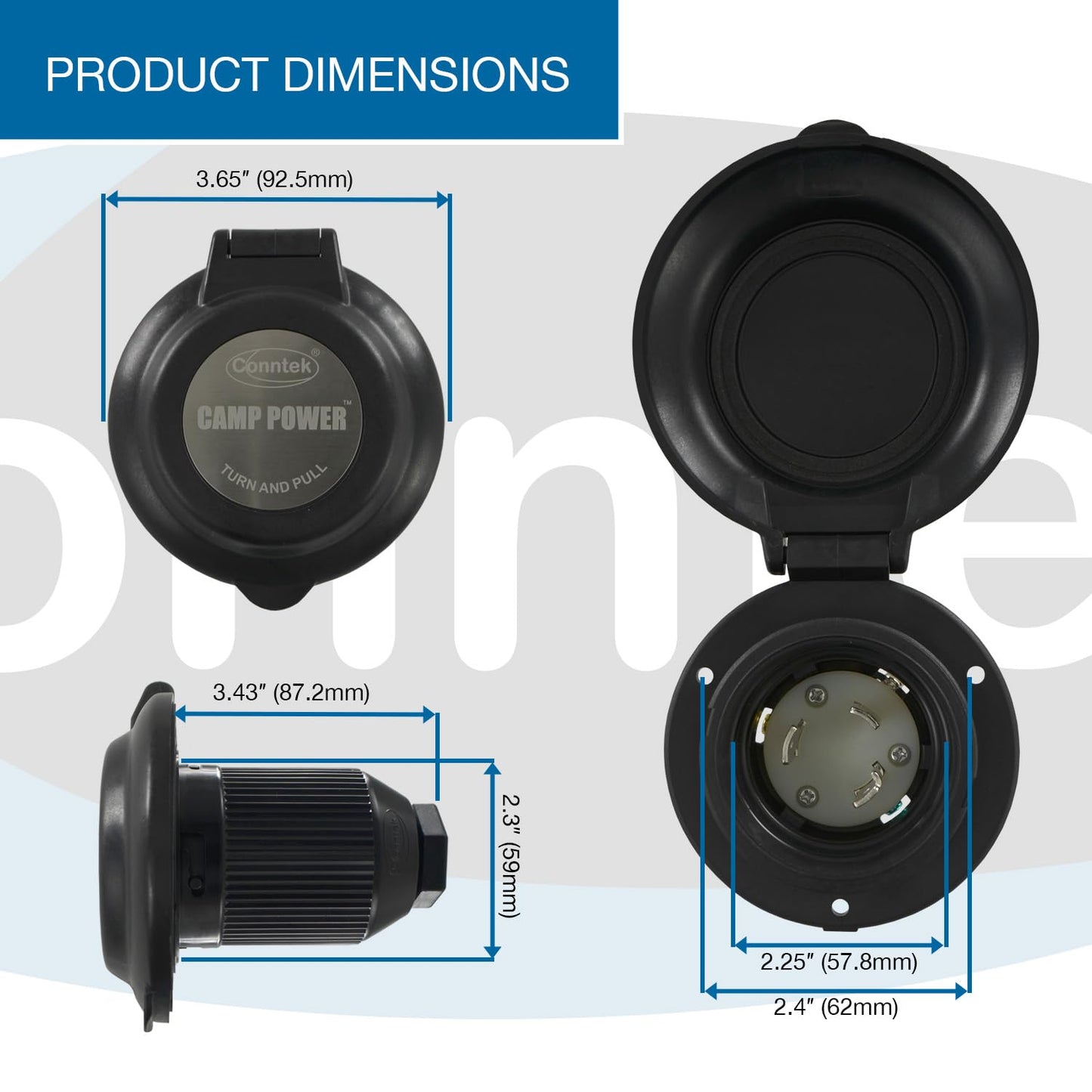 Conntek 30 Amp 125 Volt RV Marine Power Inlet - Black