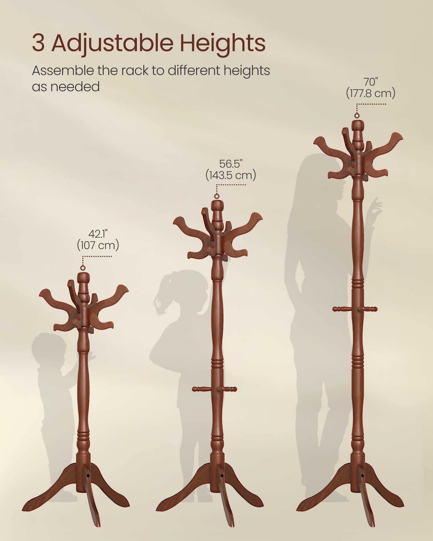 VASAGLE Coat Stand, Solid Wood Freestanding Coat Rack with 11 Hooks, Hall Tree for Bags, Purses, Hats, for Entryway, Hallway, Rubberwood, Caramel Brown URCR05WN
