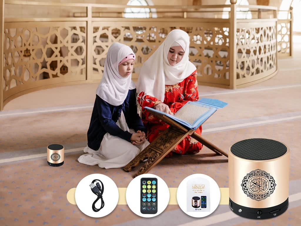 Portable Digital Quran Speaker with Remote Control over18 Reciters and 15Translations Available Quality Qur'an Speaker Arabic English French, Urdu etc Mp3 FM Radio (Gold Color)