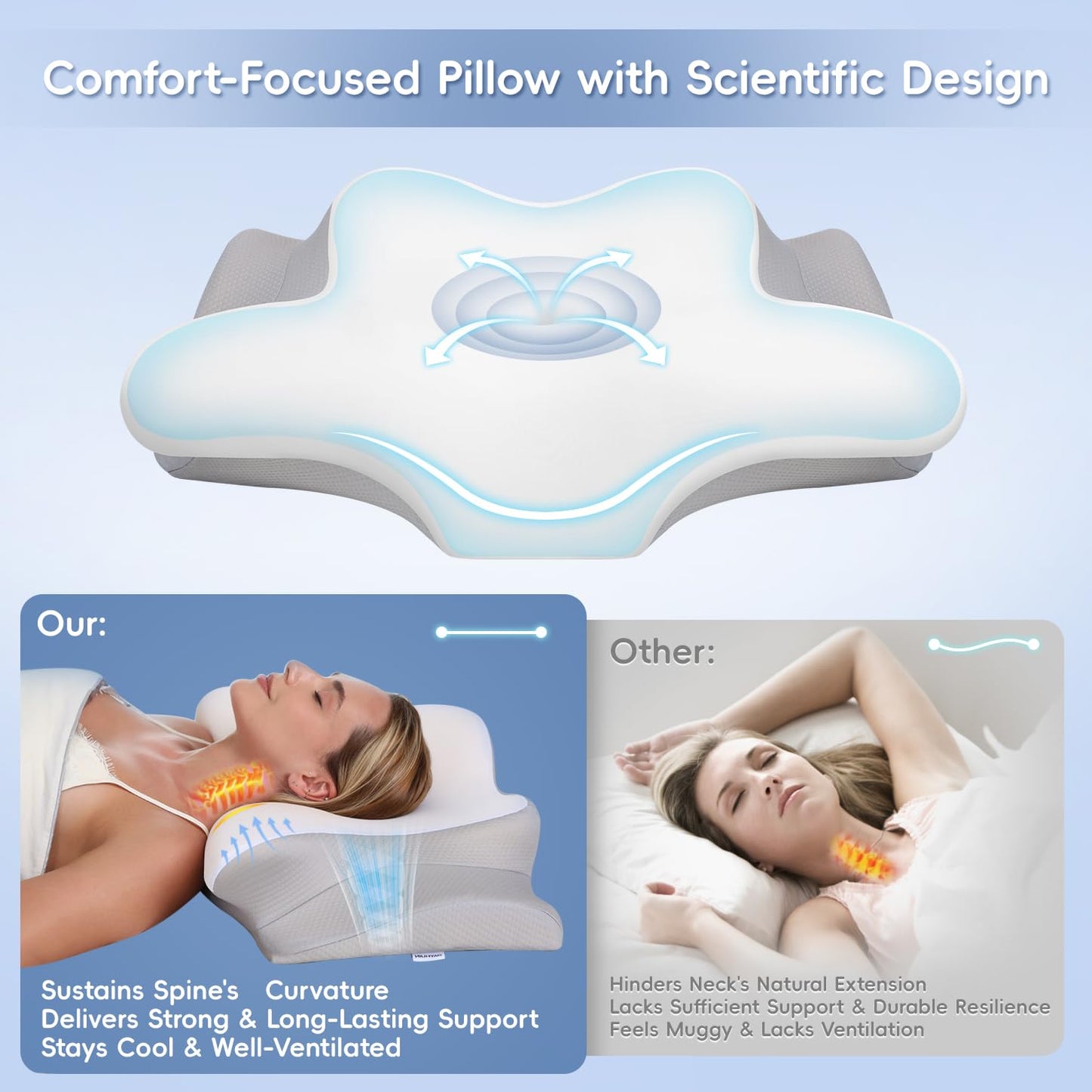 MISSLEEP Cervical Neck Pillow, Memory Foam Pillows for Relieving Neck and Shoulder Pain, Neck Support Pillow for Side Sleepers, 2 Heights Ergonomic Pillow with Breathable Ice Silk Cover White