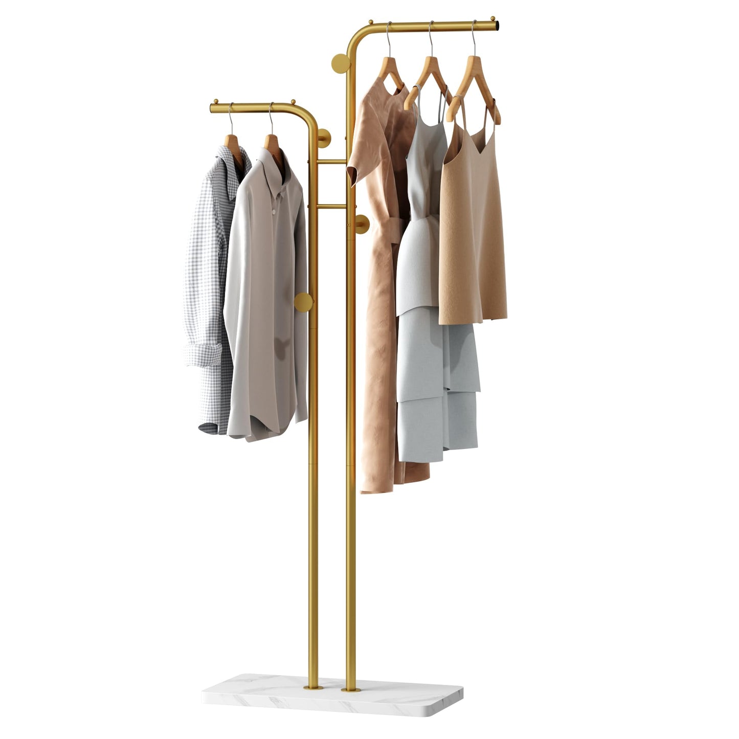 HOMEFORT Double-pole Coat Rack, Freestanding Metal Coat Racks, Clothes Hat Stand with 5 Hooks for Closet, Bedroom, Entryway, Living Room, Gold
