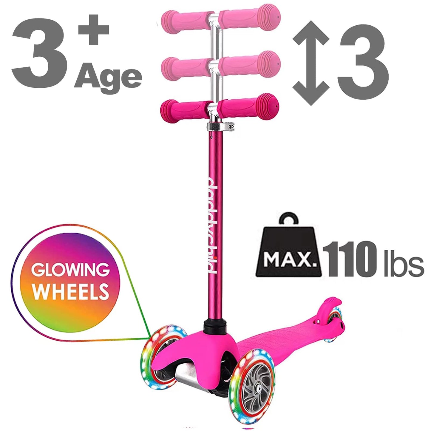 3 Wheel Scooters for Kids, Kick Scooter for Toddlers 3-8 Years Old, Boys and Girls Scooter with Light Up Wheels, Mini Scooter for Children (Pink)