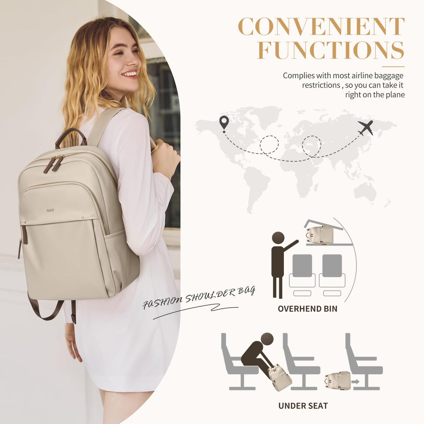 Stylish Laptop Backpack for Women Computer Bag Fits 14 Inch Notebook Travel College Work Backpacks Purse (Apricot)