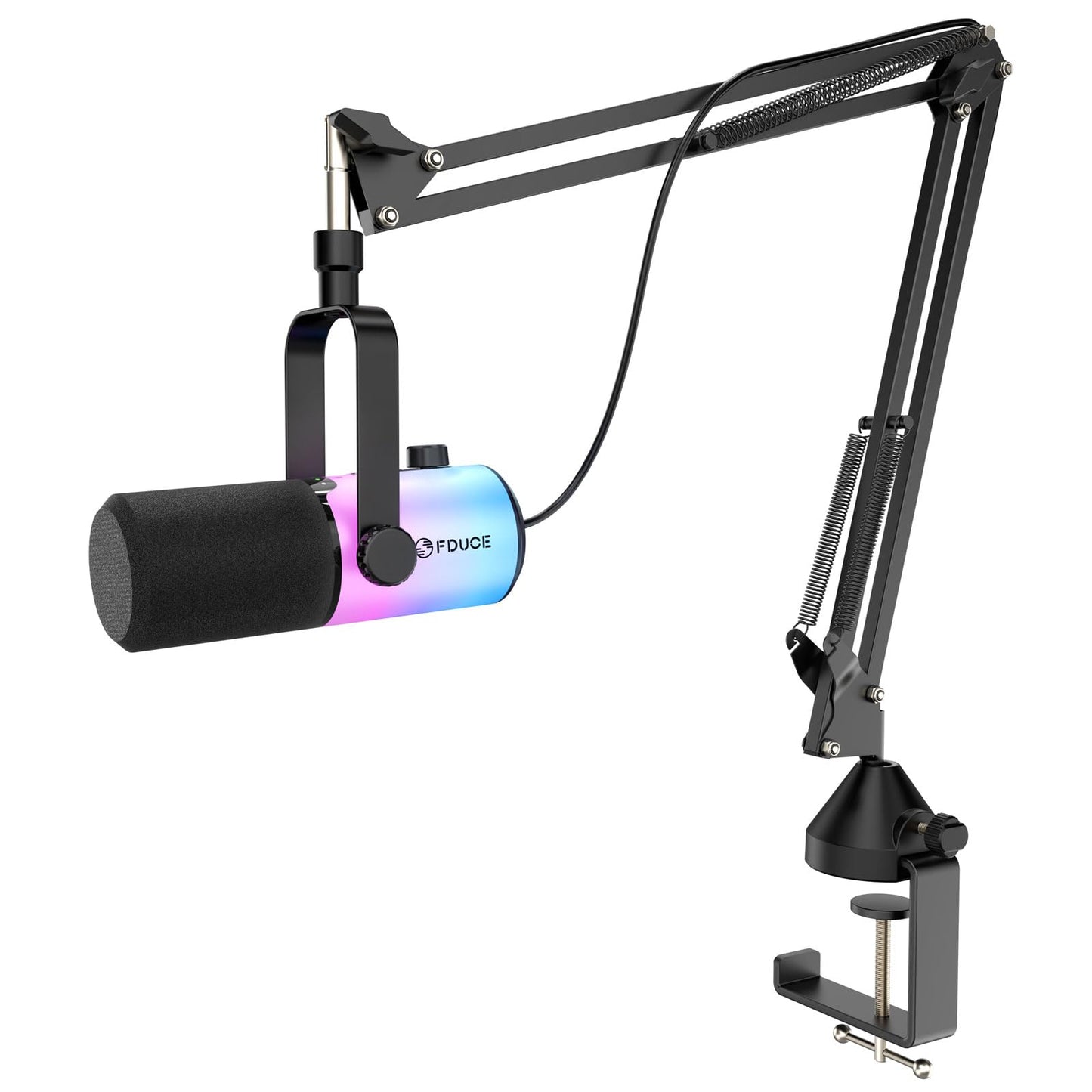 FDUCE USB/XLR Gaming Dynamic Microphone for Podcast Recording, PC Computer Gaming Streaming Vocal Mic with RGB Light, Mute Button, Gain Knob, Headphones Jack, with Boom Arm (D20+)