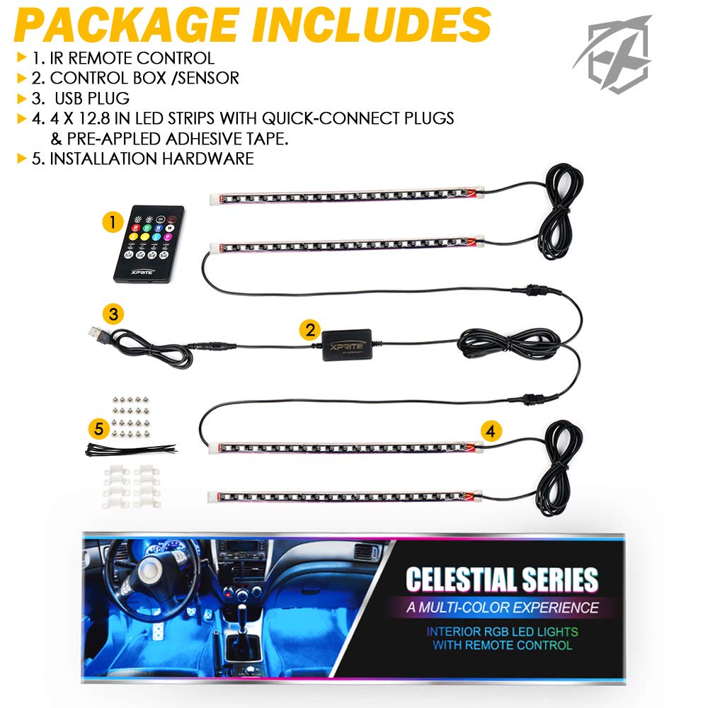 Xprite RGB LED Car Interior Bluetooth Light Strip with Wireless Remote Silicone Sealed Design, Under Dash Footwell Lights Kit w/USB Cable, Universal for Vehicle Internal, SUV, Truck -4 PCS