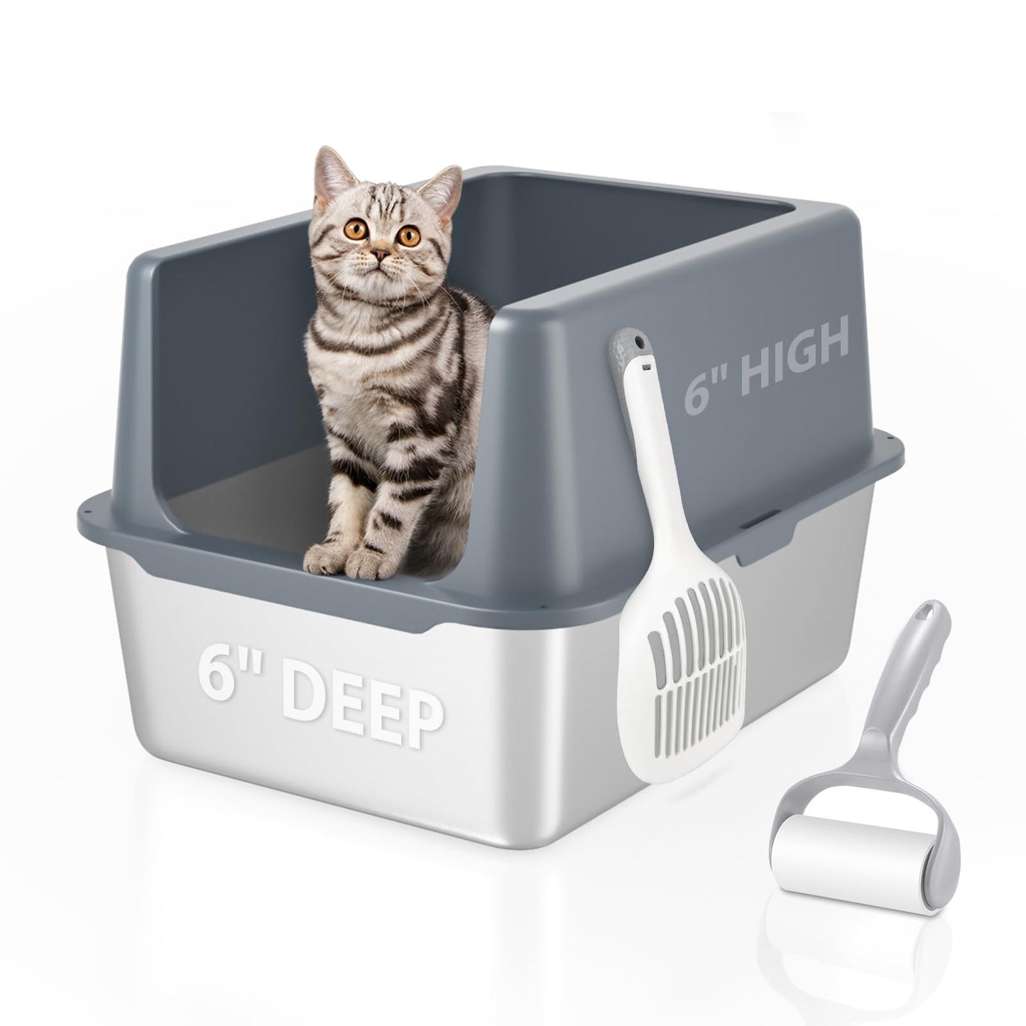 LIHOOOOM Stainless Steel Cat Litter Box,High Sided Enclosed Cat Litter Box Anti-Leakage,Non-Stick Litter Box with Lid,17.5" L x 13.5" W x 12" H(Grey)