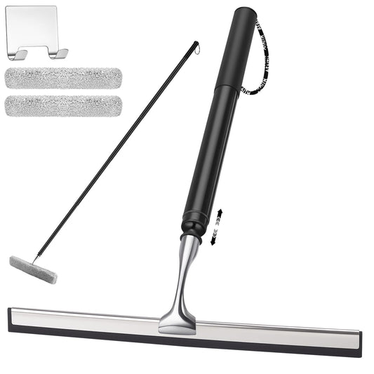 17'' - 62'' Metal Squeegee with Extension Pole for Window,Glass Door,Mirror, 12'' Wide Telescopic Shower Squeegee Cleaner with Long Handle for Cleaning Tile Wall,Floor,Bath,Car Windshield,Solar Panel