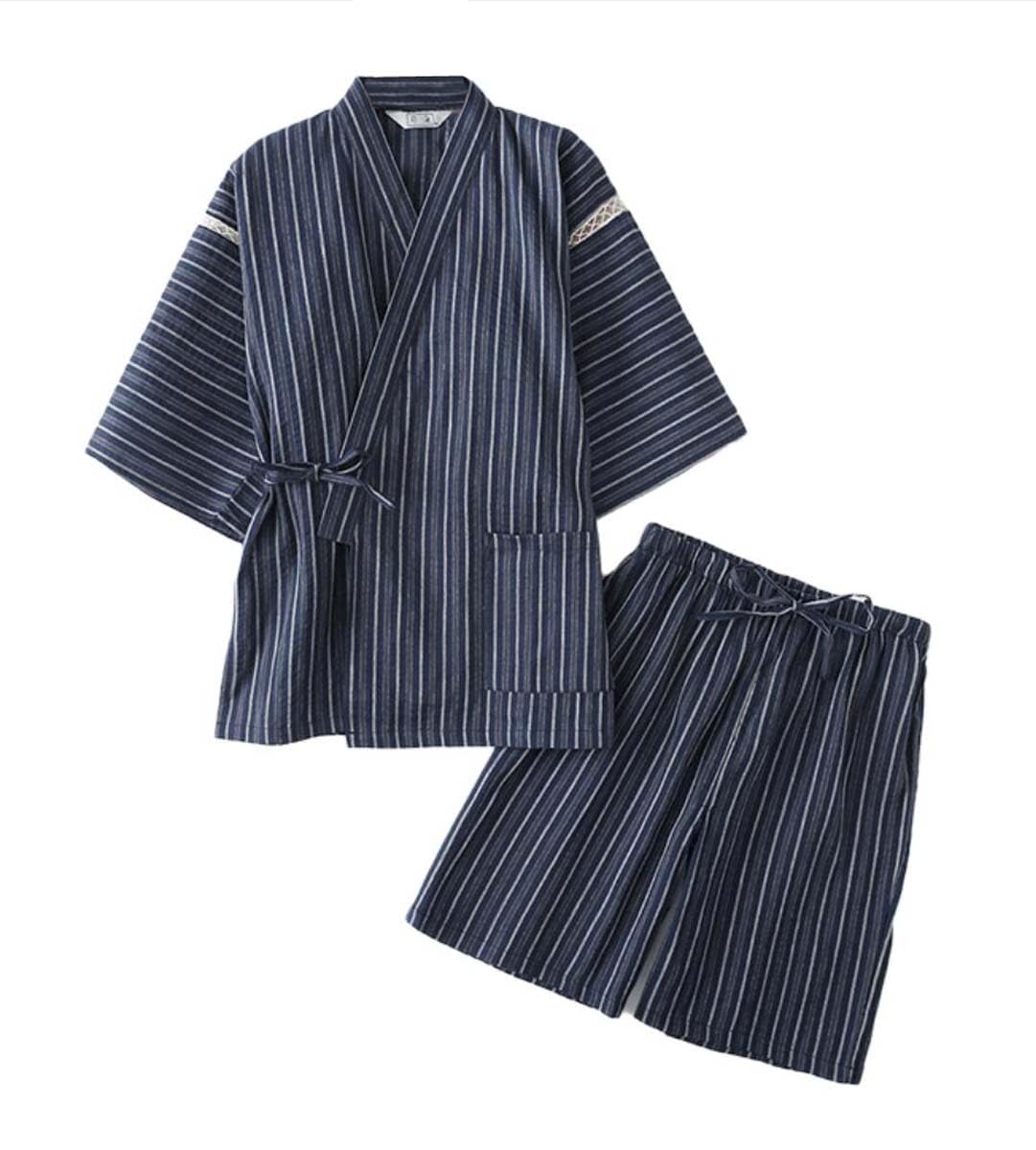 Men's Kimono Japanese Shirt and Pant Cotton Linen Loungewear Lounge Set Spa Bathrobe, Style 4 Multicolor, Random Style, Random Pattern