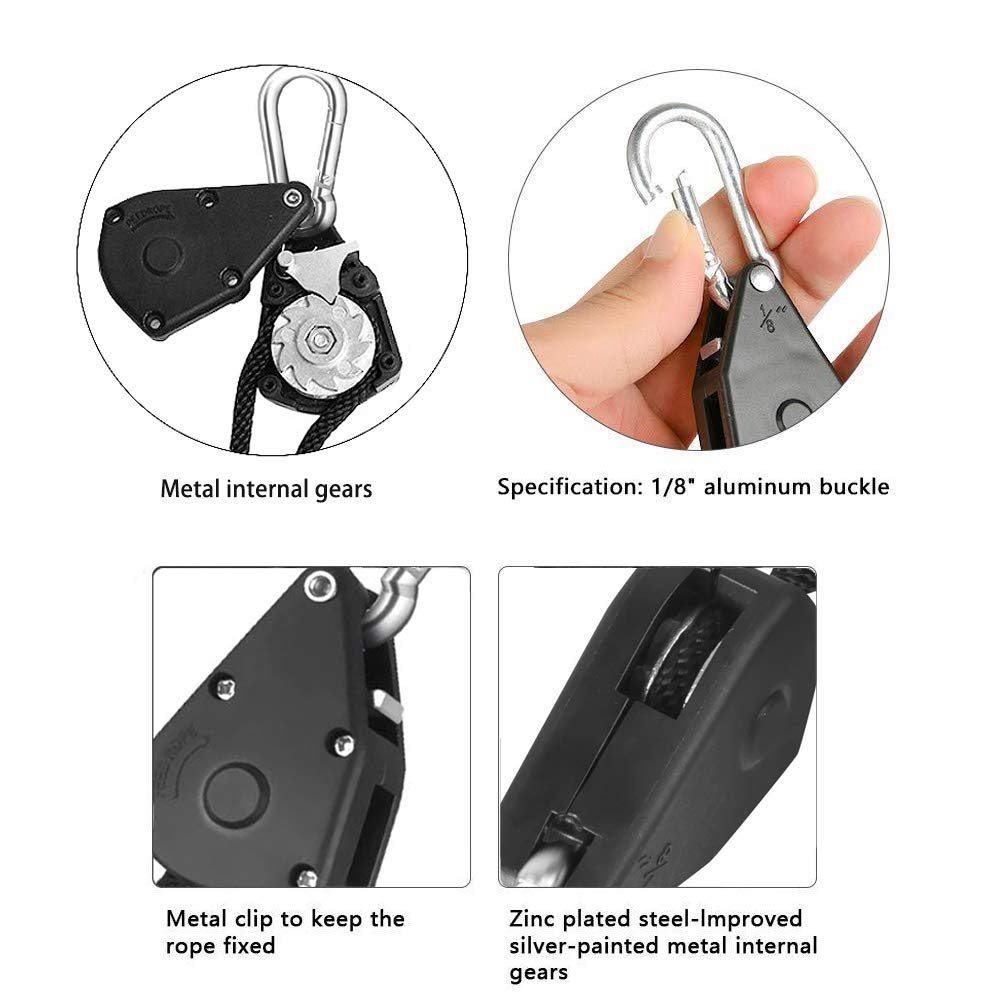 8 Pairs 1/8 Inch Adjustable Heavy Duty Ratchet Hanger Grow Light Fixtures Rope Clip Hangers Hanging Ropes for Gardening Grow Plant Fan Reflectors Filter Tent,150lbs Weight Capacity