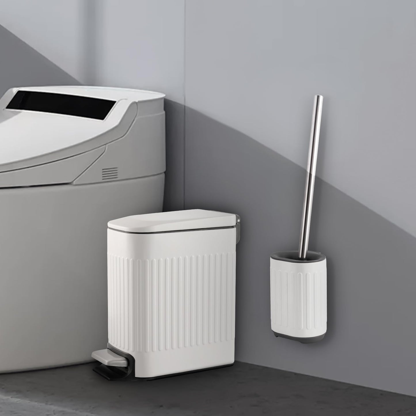 TrashAid Bathroom Trash Can with Toilet Brush - 6 Liter / 1.6 Gallon Bathroom Trash Can with Lid Soft Close + Silicone Toilet Brush and Holder Set, White Bathroom Accessories, Set of 2