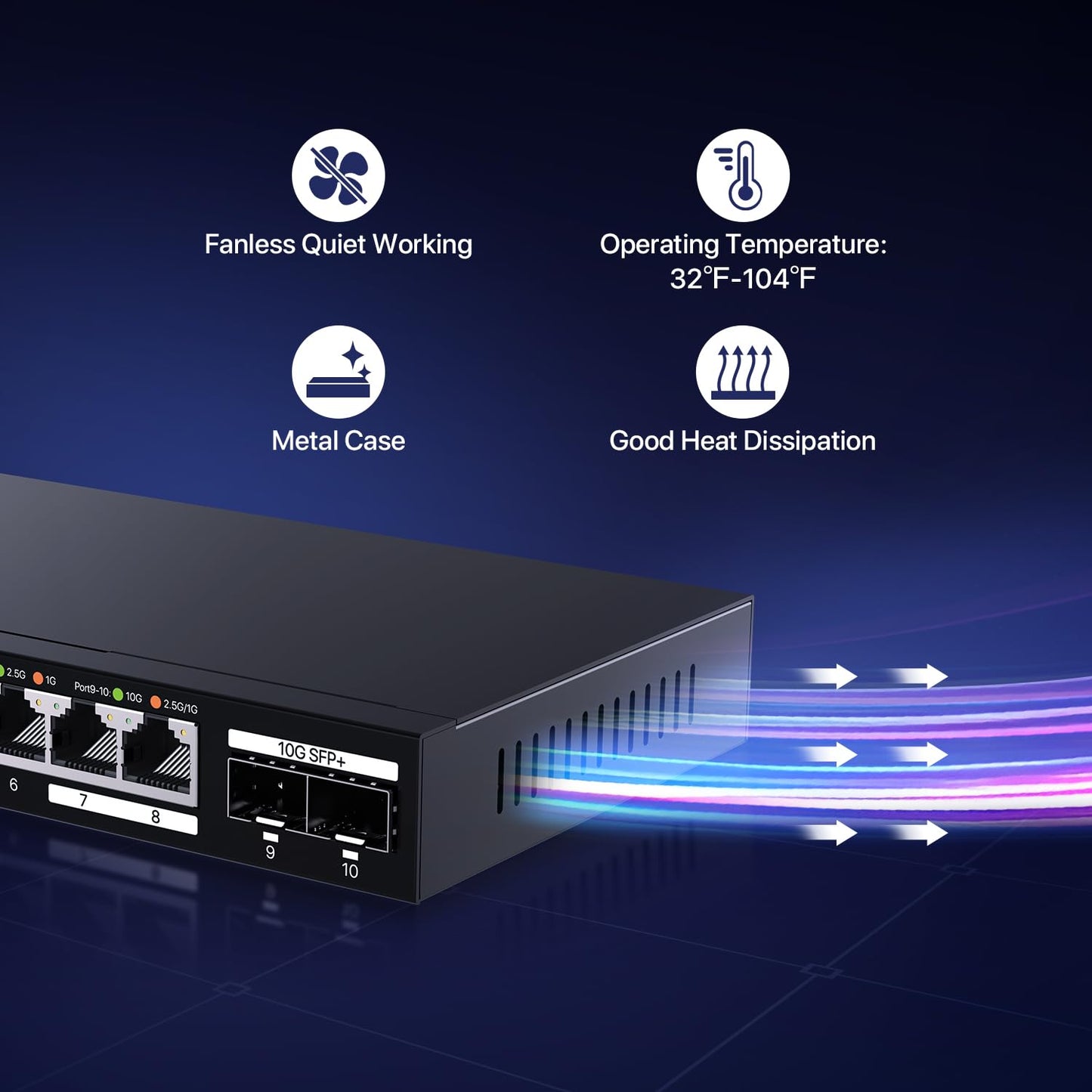 Tenda TEM2010X, 8 Port 2.5G Ethernet Switch Support VLAN & Static Link Aggregation, Unmanaged 2.5Gb Switch with 8 x 2.5G Ports & 2 x 10Gb SFP Slots, 80Gbps Switching Capacity, Fanless Metal Design