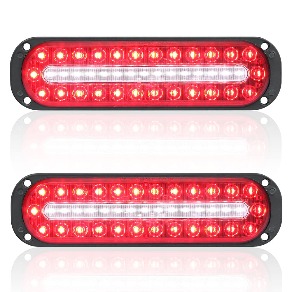 AT-HAIHAN Pack of 2 Oval Red LED Trailer Stop Brake Turn Signal Tail Lights with White Reverse Light, DOT Compliant Waterproof Surface Mount Safety Lighting
