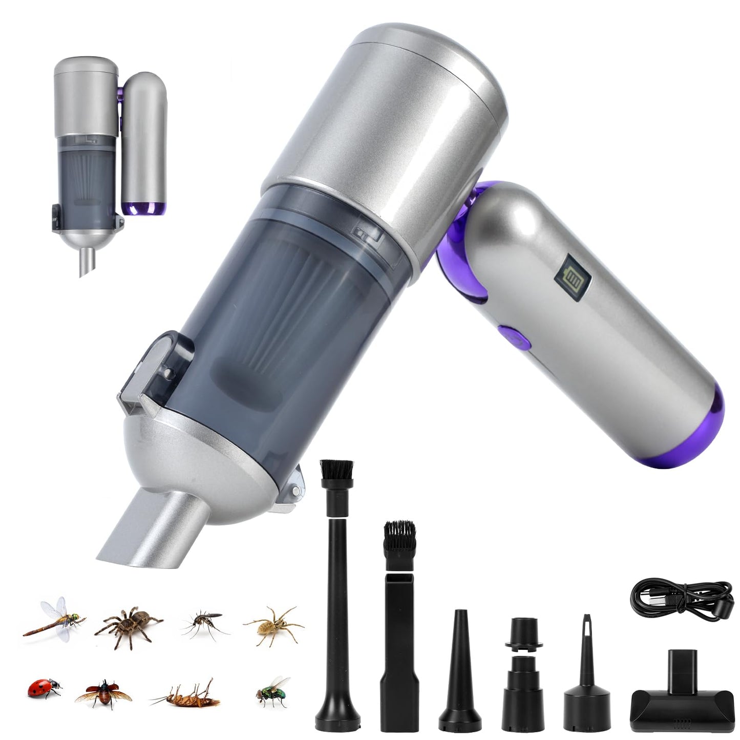 Bug Vacuum Catcher & Car Vacuum Cleaner, 180° Foldable Rechargeable Mini Handheld Vacuum Cordless, 4-in-1 17KPa High Power Portable Inflator & Air Pump for Insects, Spiders, Pet Hair, Home & Garden