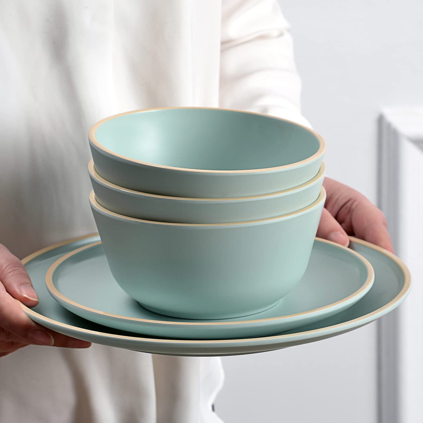 Gufaith Melamine Dinnerware Sets, Plates and Bowls Sets 12 Pcs, Melamine Plates, Dish Set for 4, Unbreakable Dinnerware Set for Party, BPA Free, Suitable Indoors and Outdoors (Mint Green)