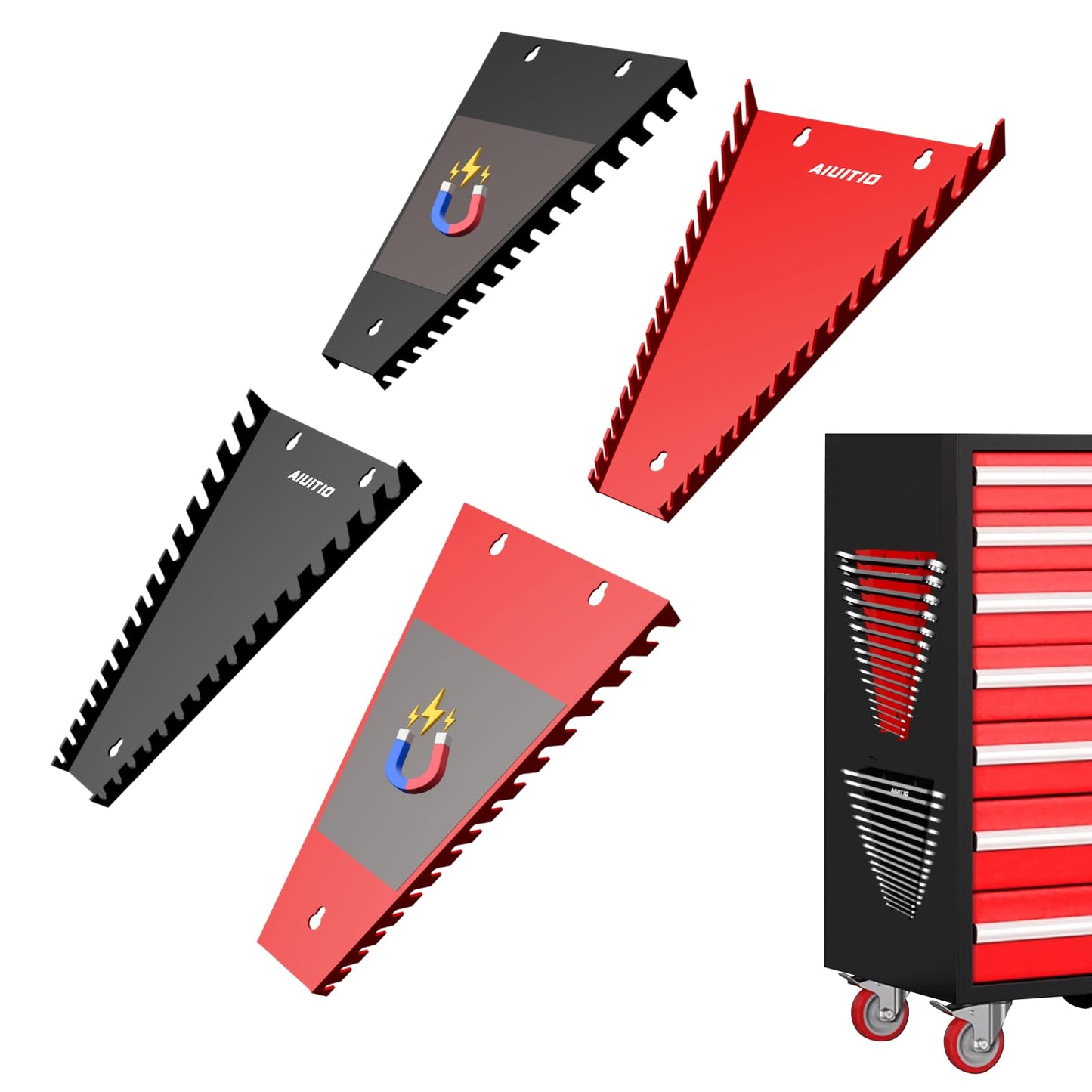 AIUITIO 4 Pack Magnetic Wrench Organizer, 64-Slot for Tool Box&Wall Mounted,Fit SAE (1/4" - 1-1/16") & Metric (6 mm-24 mm) Wrench Storage (4-pack)