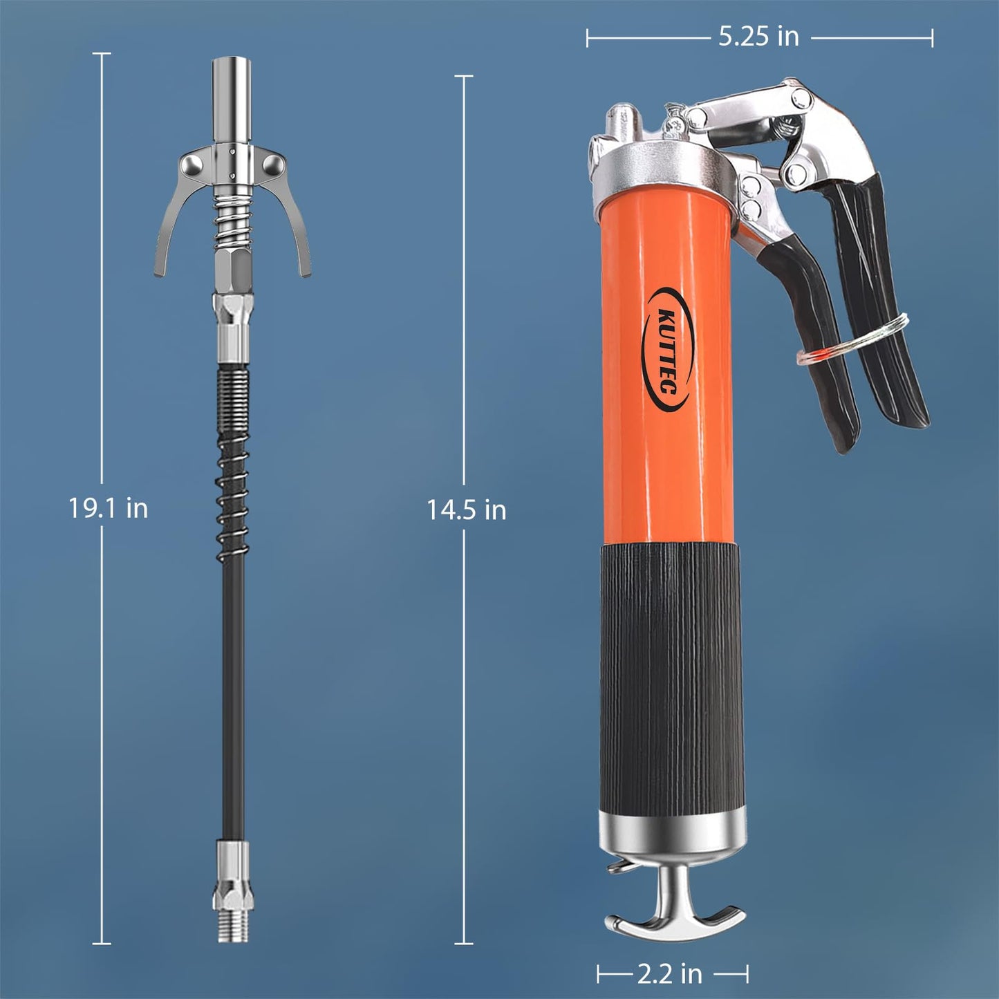 Kuttec Grease Gun，Professional 9000 PSI Heavy Duty 400 cc/14oz. Pistol Grip Grease Gun kit Include 1 Quick Release Coupler,1 Lock Coupler,1 Spring Flex Hose,2 Hose,1 Sharp Nozzle,1 Rigid Pipe.