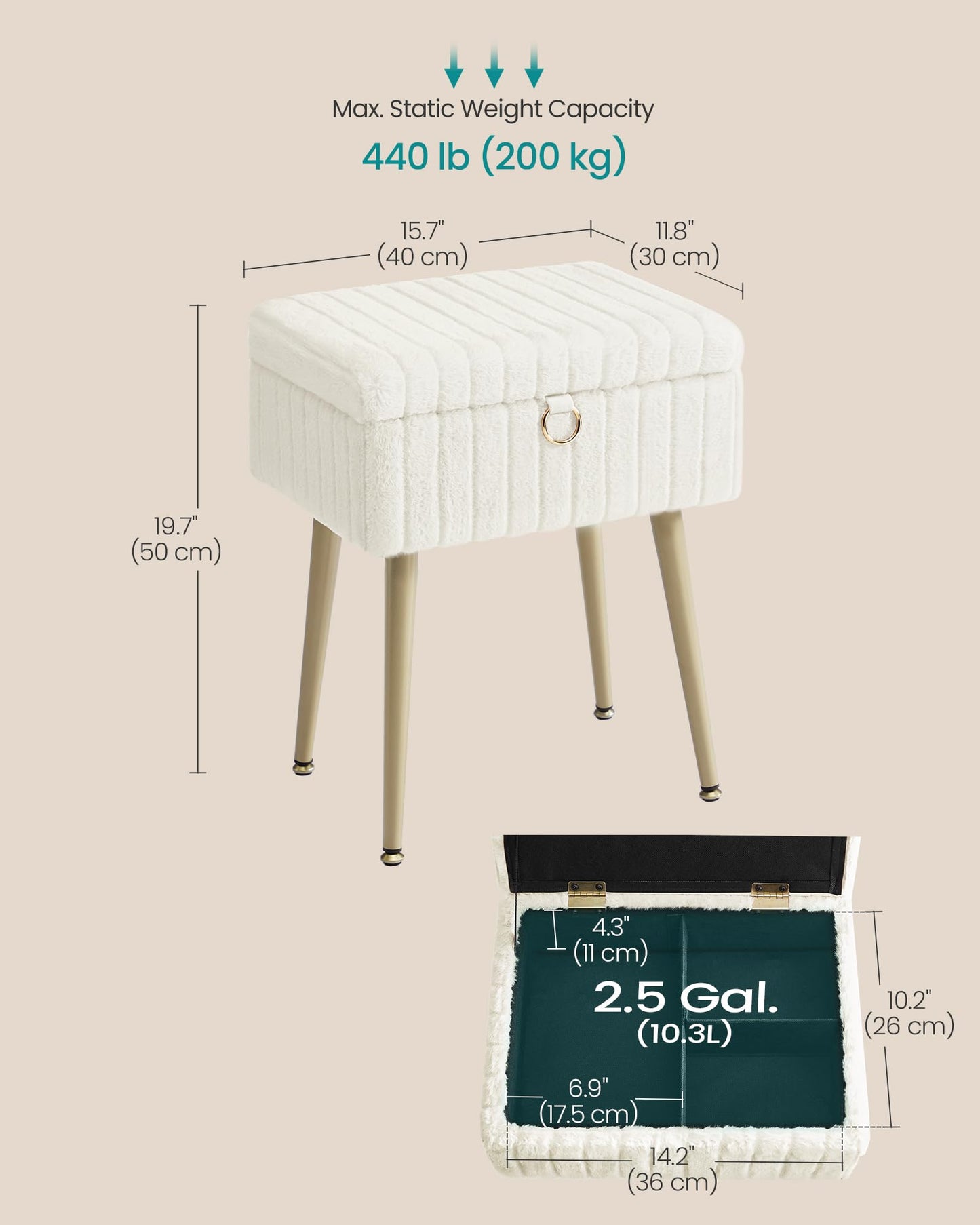 SONGMICS Vanity Stool Chair with Storage, Makeup Stool, Footrest Footstool Ottoman, Metal Legs, Adjustable Feet, for Living Room, Bedroom, Makeup Room, Cream White ULOM505WZ02