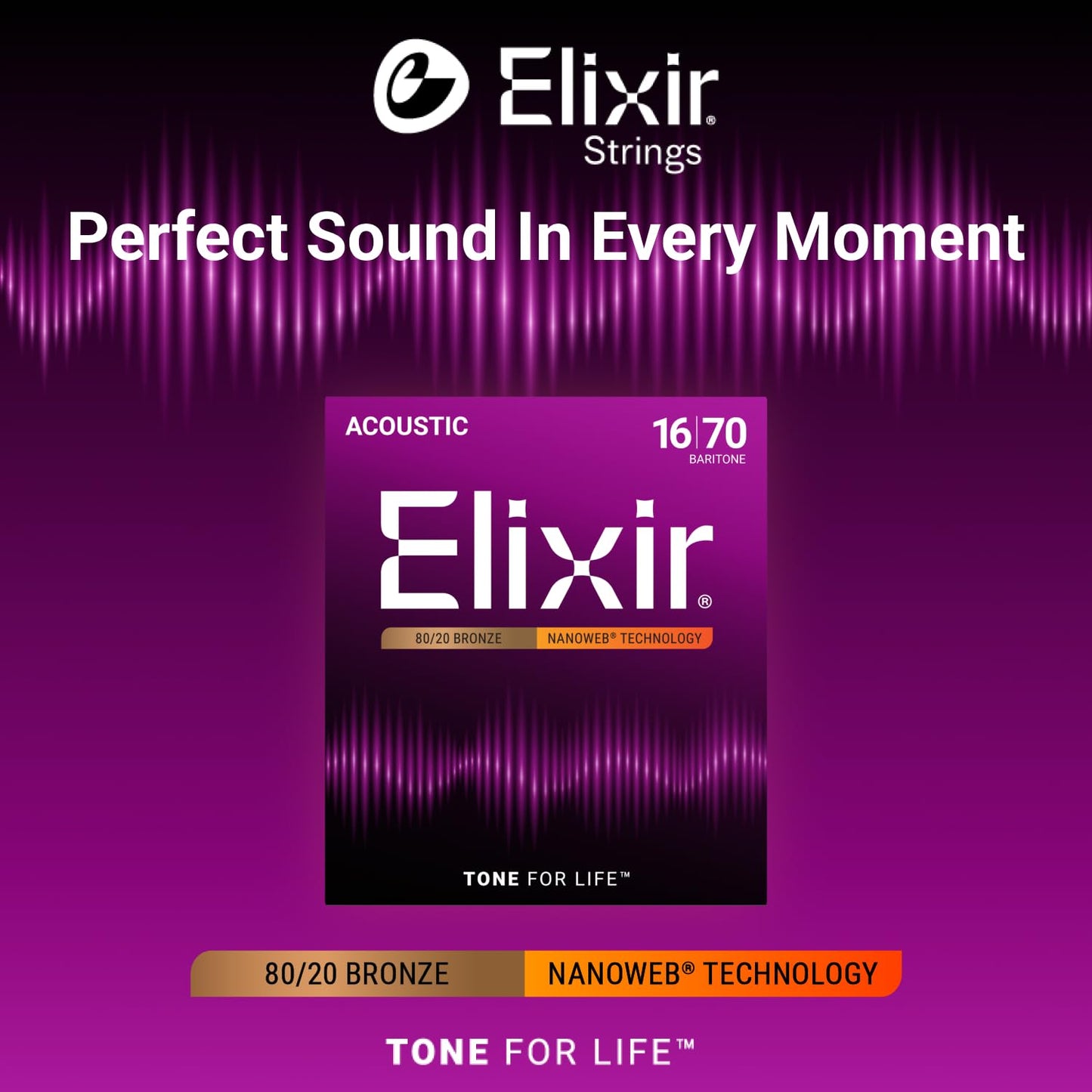 Elixir 80/20 Bronze 6-String Baritone Acoustic Guitar Strings - 16-70
