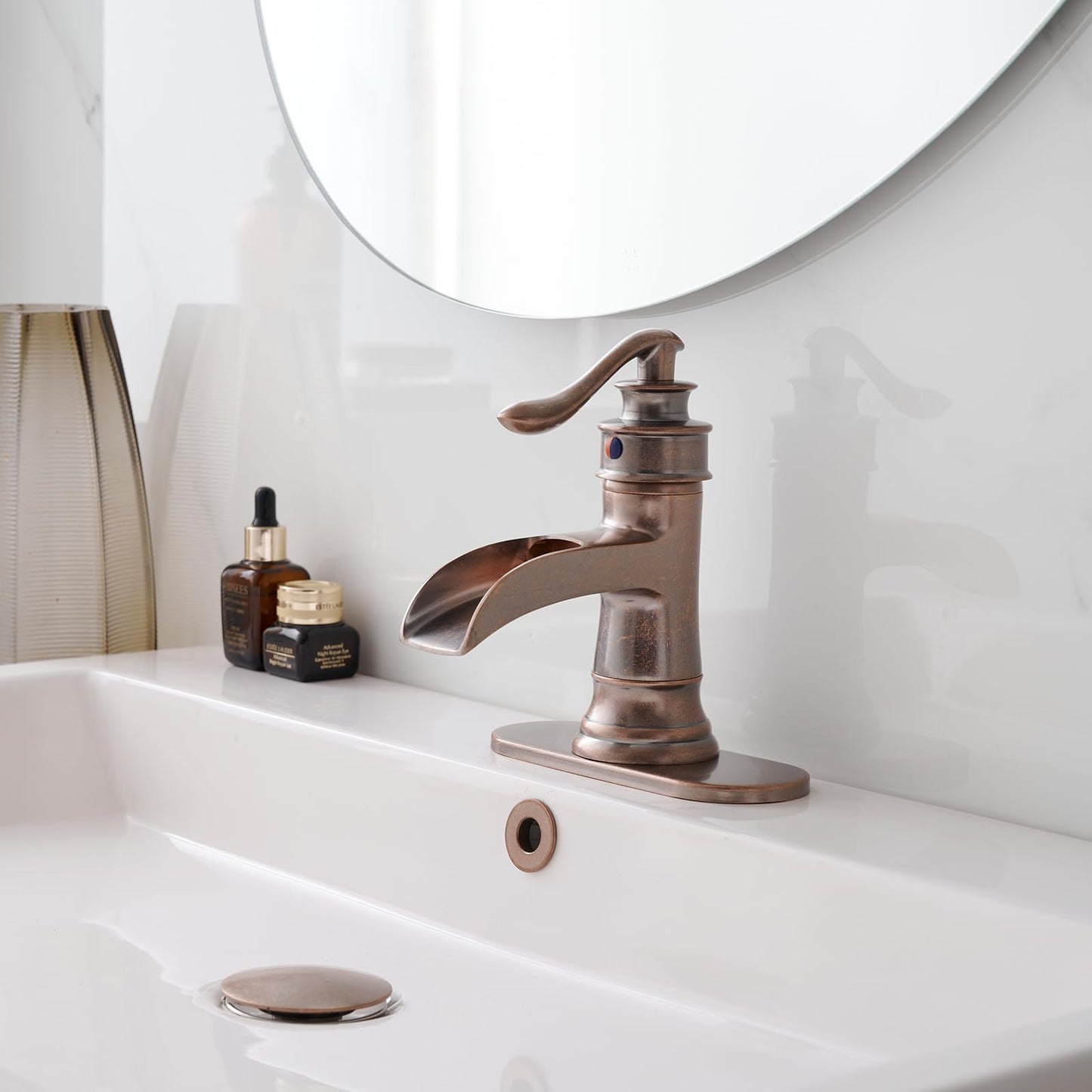 Bathroom Sink Faucet Waterfall Bath Faucets & Parts with Pop Up Drain Stopper Copper Farmhouse Antique Vanity Single Handle Single Hole Commercial Rustic Supply Lines Hose by Bathfinesse
