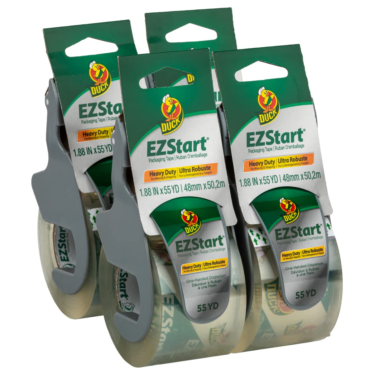 Duck EZ Start Clear Packing Tape with Dispensers – 4 Rolls of Quiet Easy Start Packaging Tape for Boxes, Shipping, Moving & Storage, 1.88 Inch x 55 Yards - Clear (287731)