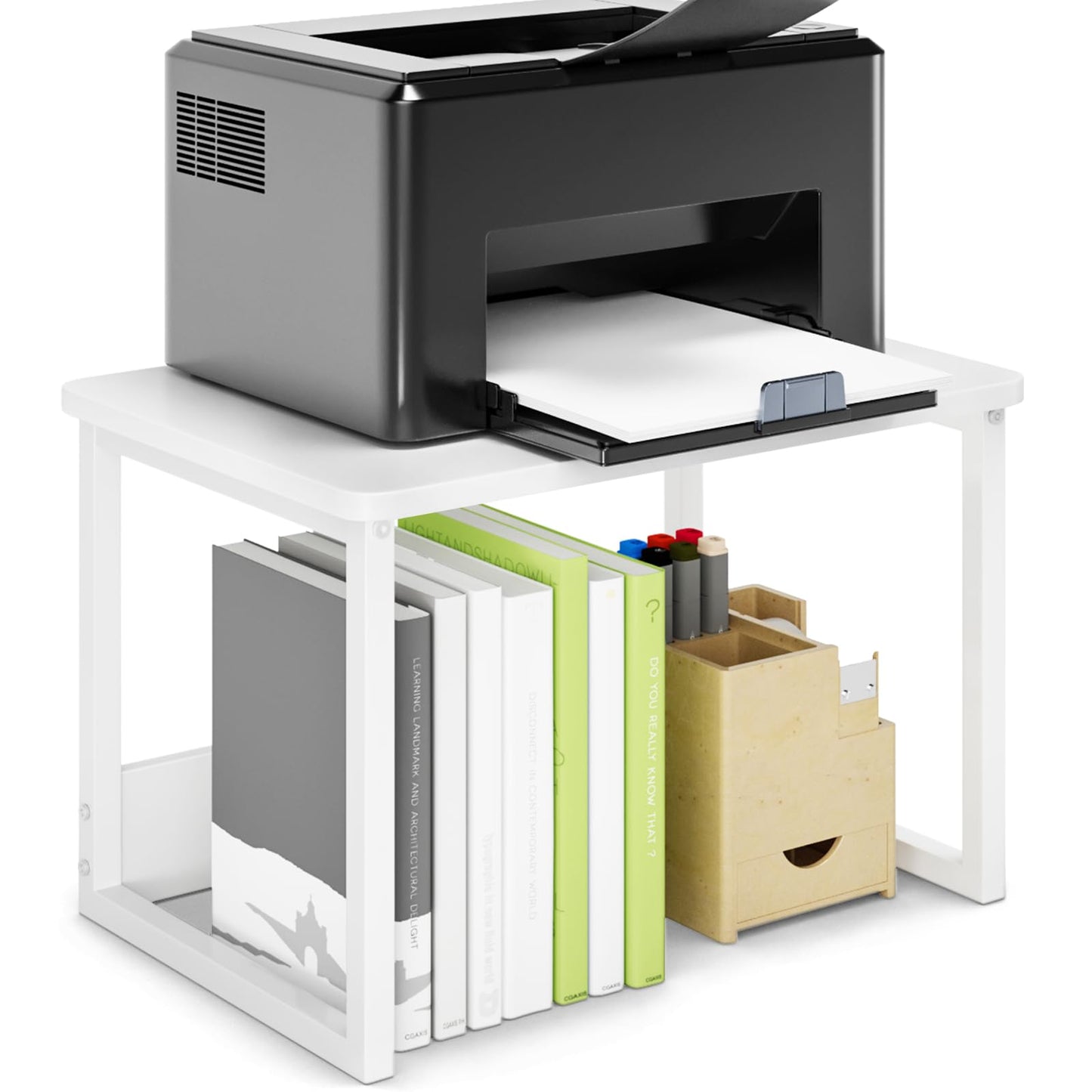 MARTY Printer Stand with Storage for Desk, White Desktop Printer Stand Shelf Organzier for Home/Office Heavy Duty Printer Riser Under Desk Small Table for Printer Copier Scanner