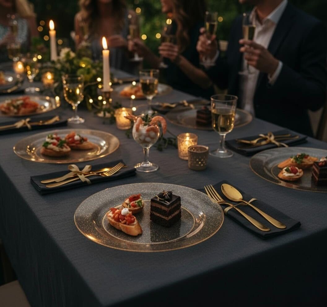 MATANA 120 Pack Elegant Gold Glitter Plastic Plate Set for 60 Guests - 60 Dinner Plates 10.25" and 60 Salad Dessert Appetizer Plates 7.5", Heavy Duty, Premium, Reusable for Wedding Party, Events