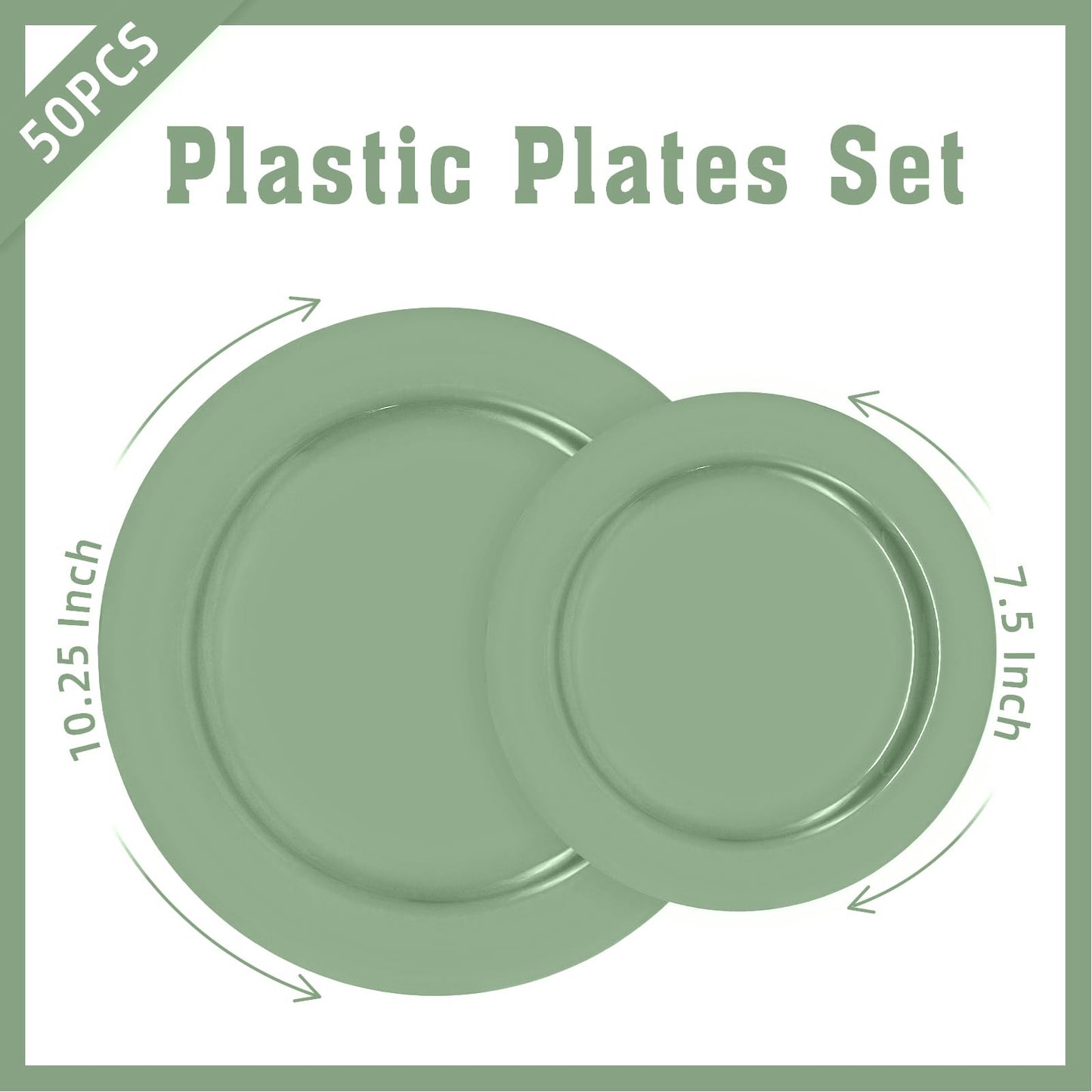joy akkess 50PCS Sage Green Plastic Plates - Heavy Duty Sage Green Plates Disposable include 25 Dinner (10.25") & Dessert/Salad (7.5") for Birthday, Baby Shower, Wedding