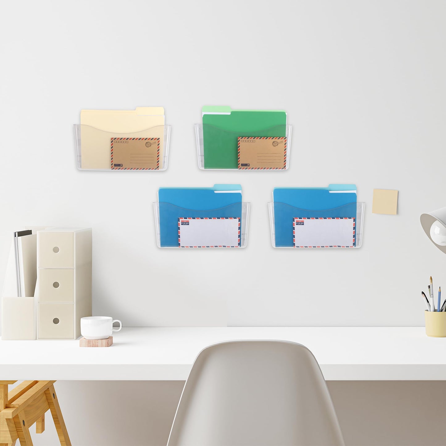 EASEPRES 4 Pack Plastic Clear Hanging File Paper Organizer with Single Pocket Vertical Wall Mounted Files Mail Letter Holder for Office, School and Home, 13.85x3.14x6.88 inches