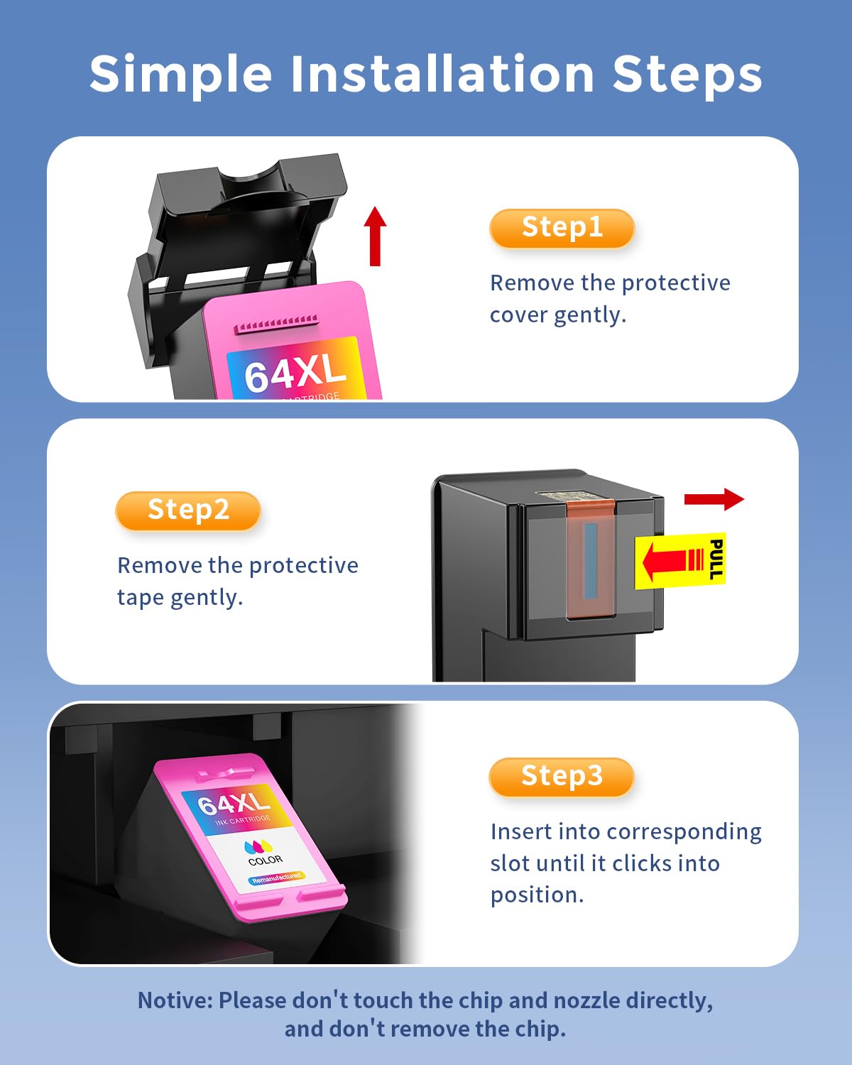 64 XL Ink Cartridges Combo Pack Remanufactured Replacement for 64XL Ink Cartridges for HP Printers for Envy Photo 7855 7864 7120 7130 7858 6252 6255 6258 Tango Terra Printer (Black, Tri-Color, 2-Pack)