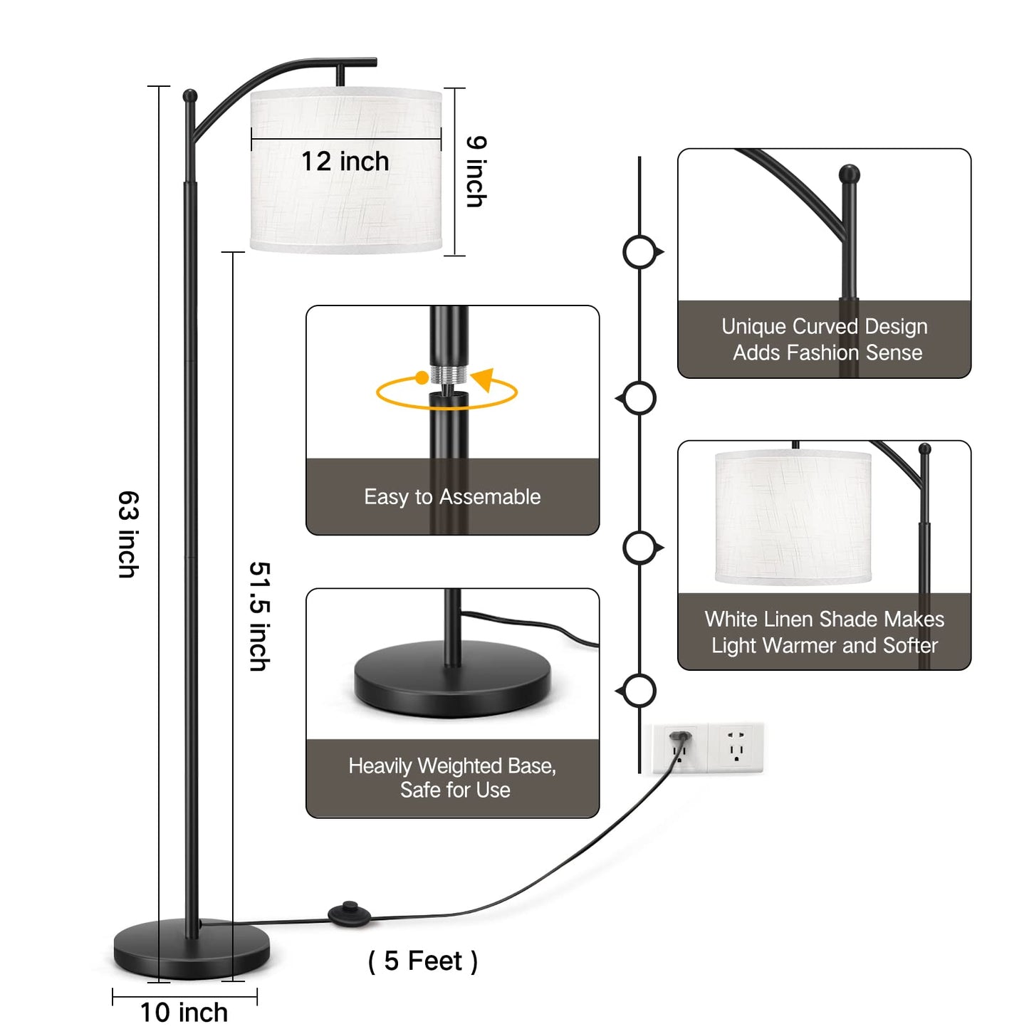 OUTON Arc Floor Lamp with Remote Control, Dimmable & 4 Color Temperatures Adjustable Modern Lamp, 810 Lumens Bulb Included, 1 Hour Timer, Reading Standing Lamp for Living Room, Bedroom, White Shade