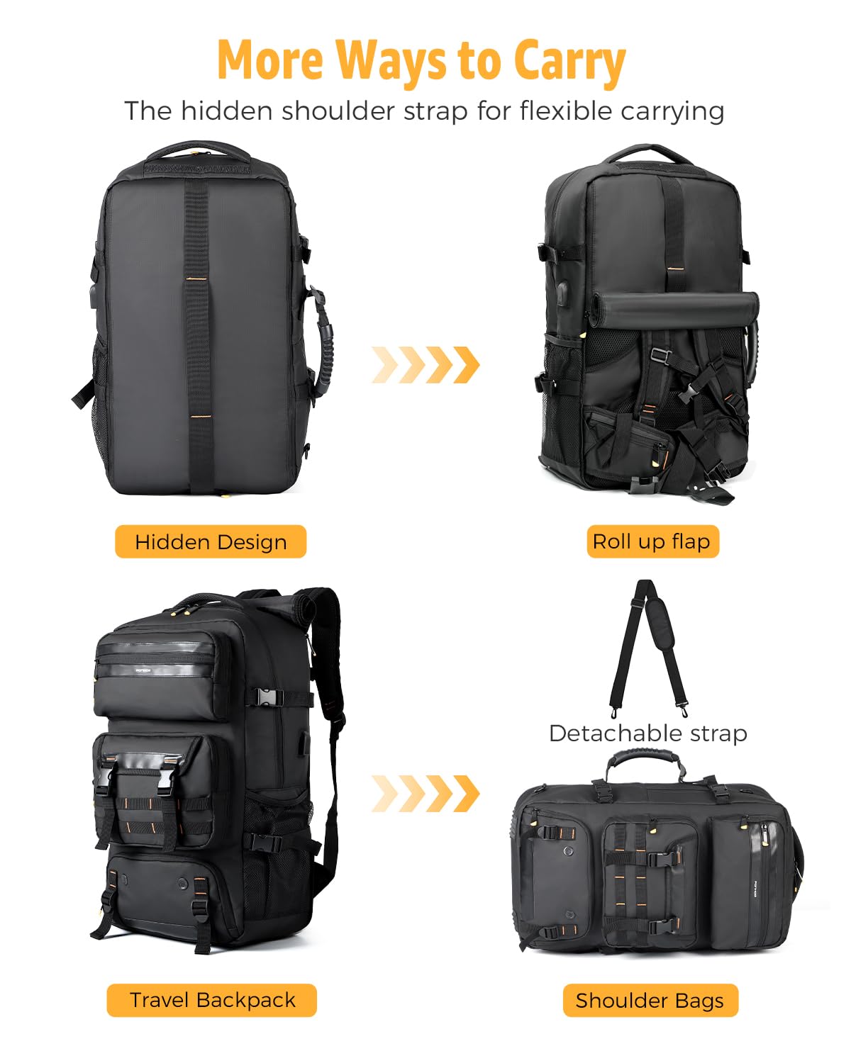 Ponhog Travel Backpack for Men - 50L Convertible Duffle Bag with Shoe Compartment, Carry On Laptop Backpack with USB Charging Port, Water Resistant Hiking Backpack Gym Daypack, Black