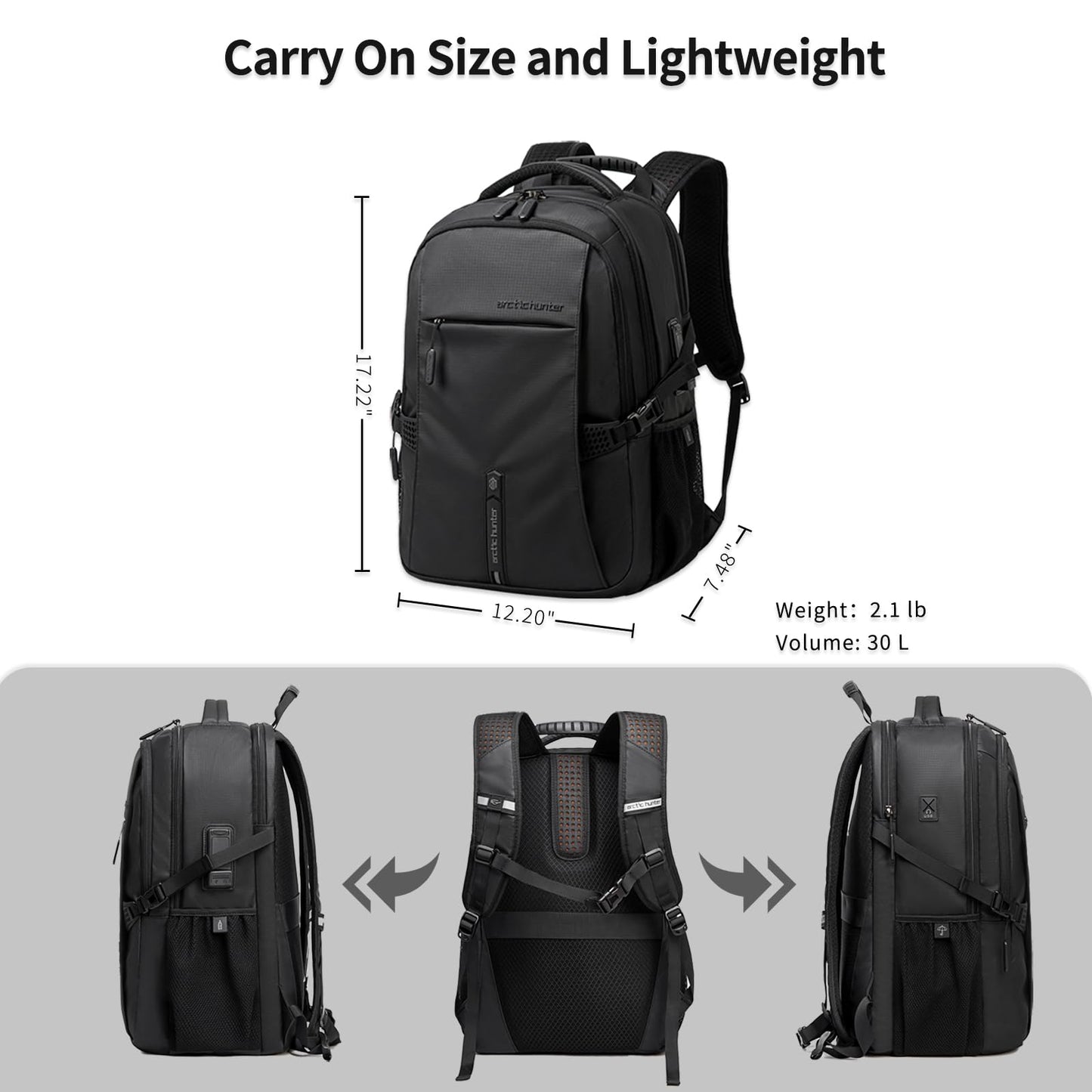 Large Carry on Travel Backpack for Men, 30L Lightweight Compact Laptop Backpack, Anti-Theft & Waterproof, Flight Approved for Business, Work, Commuting, and Weekend Casual Daypack - Black