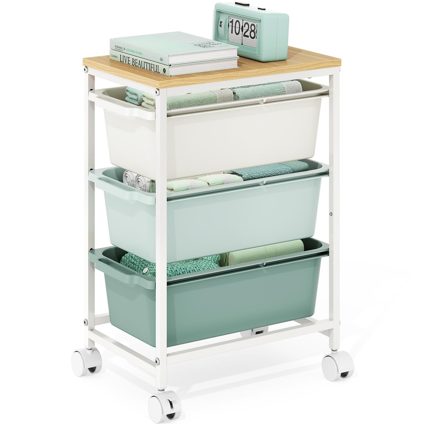 Rolling Storage Cart with 3 Drawers, Craft Organizer, Wooden Tabletop Utility Cart for Bedroom, Children's Room and Office Organization, Under Desk Trolley with Lockable Wheels, Green