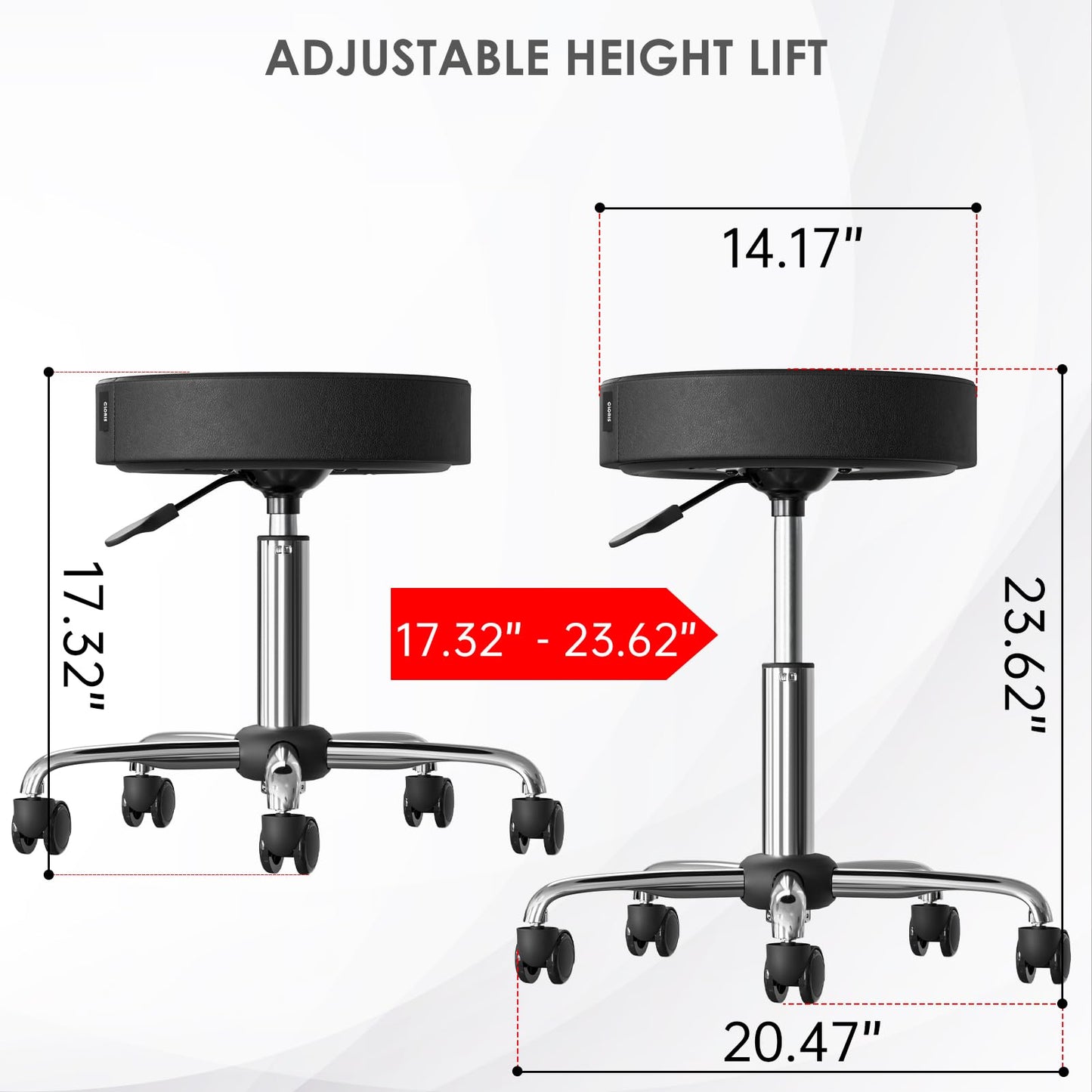 CLORIS Round Rolling Stool Hold up to 440 LBS Height Adjustable Swivel Chair Metal Feet with Wheels for Spa, Massage, Salon, Home, Office, Medical, Tatoo, Bar Black