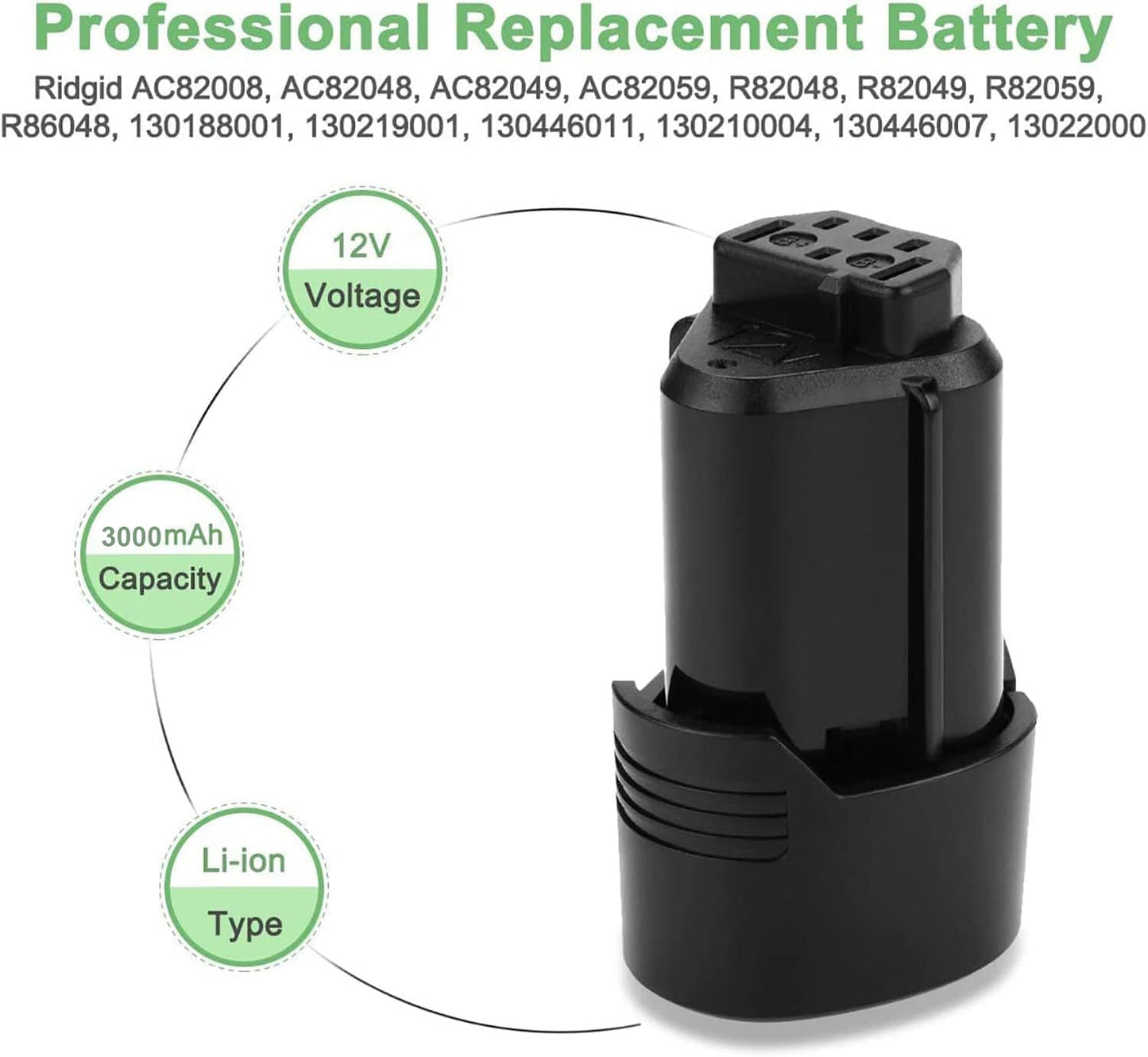 Hanaix 12V 3.0Ah Li-ion Replacement Battery for Ridgid R82007 R82009 R82048 R82049 AC82008 AC82049 130188001 130219001 130446011 for Ridgid 12v Battery