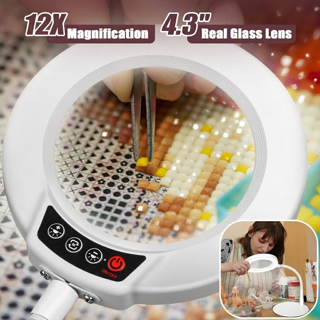 12X Magnifying Glass with Light and Stand, 5 Color Modes Stepless Dimmable LED Desk Lamp, Hands-Free Flexible Gooseneck Lighted Magnifier for Close Work Craft Hobby Painting Sewing - White