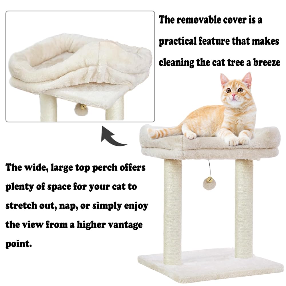 Cat Tree Tower with Top Perch for Small and Medium Indoor Cats, Cat Scratching Post with Bed for Kittens, Removable Cover, Natural Sisal Scratching Post and Dangling Ball Toy, Beige
