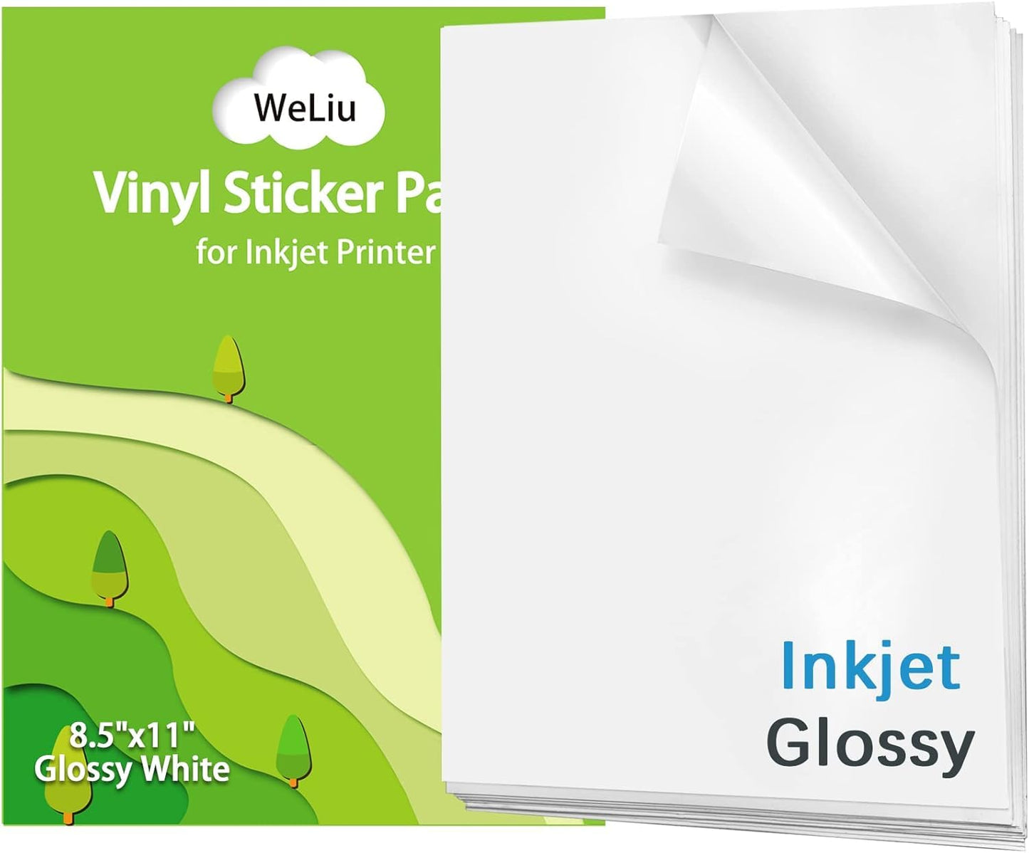 Weliu Glossy Printable Vinyl Sticker Paper for Printer - 100 Sheets Quickly Vivid Colors Waterproof Decals for Inkjet & Laser Printers, Compatible with Cricut/Silhouette for DIY Crafts, 8.5x11