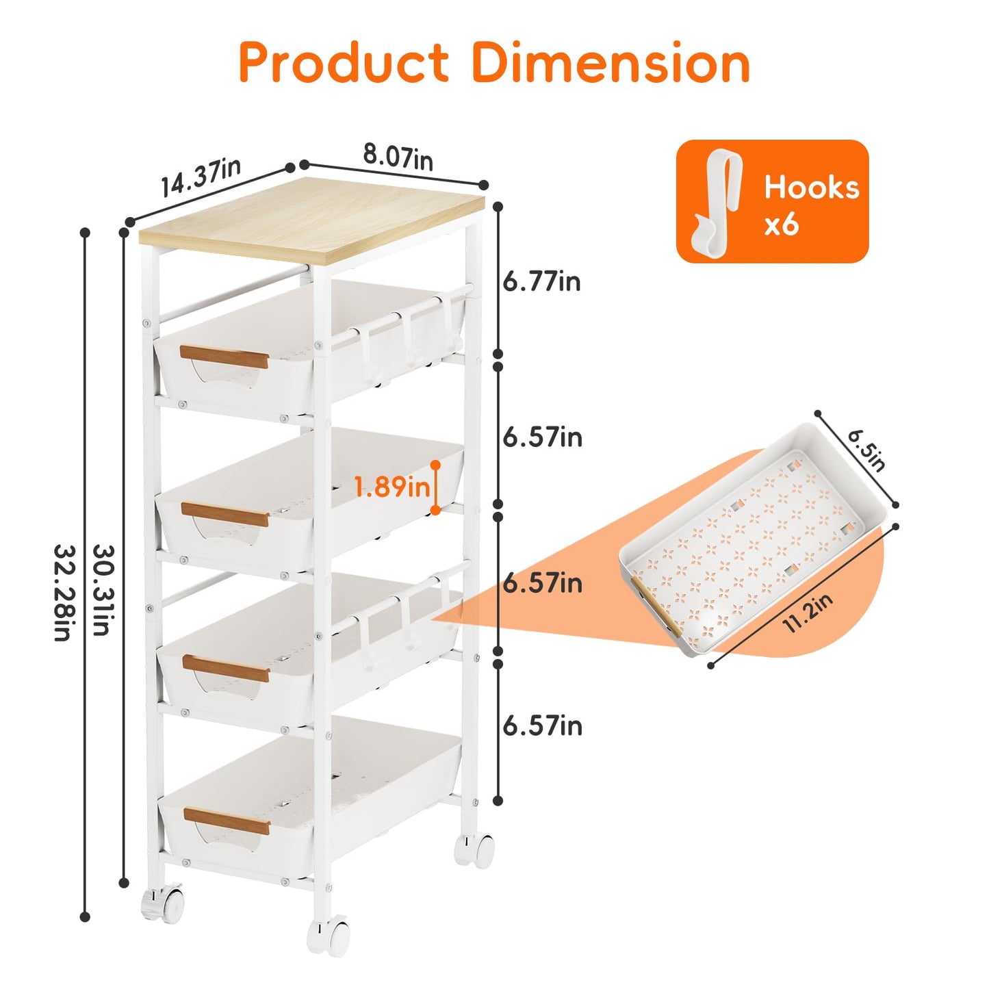 Landmok 5-Tier Slim Storage Cart, Wooden Top Rolling Kitchen Cart with Pull-Out Baskets & Wheels, Narrow Space Utility Cart Slide Out Organizer for Kitchen, Bathroom, Laundry Room, White