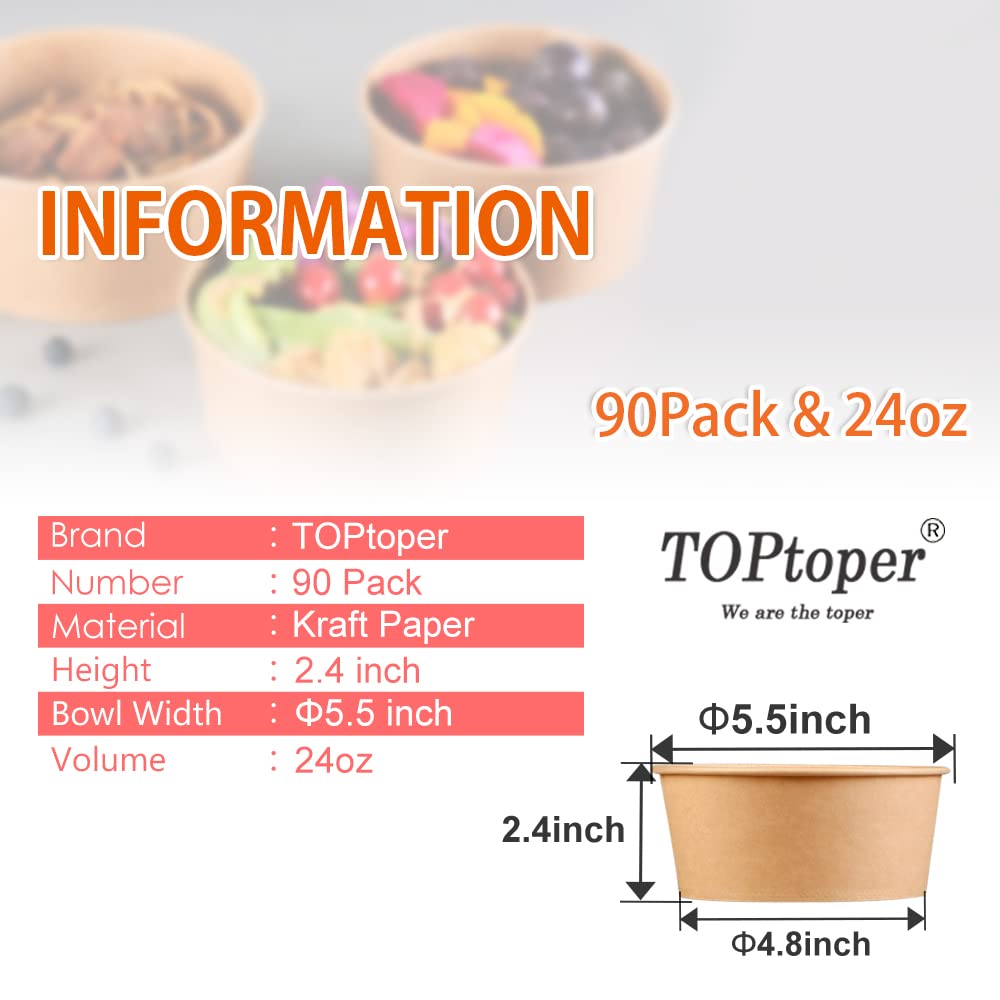 TOPtoper 24 Oz Large Paper Bowls【No lids】 90 Pack Disposable Soup Bowls Plastic Free Party Supplies for Hot/Cold Food, Soup (24 OZ)