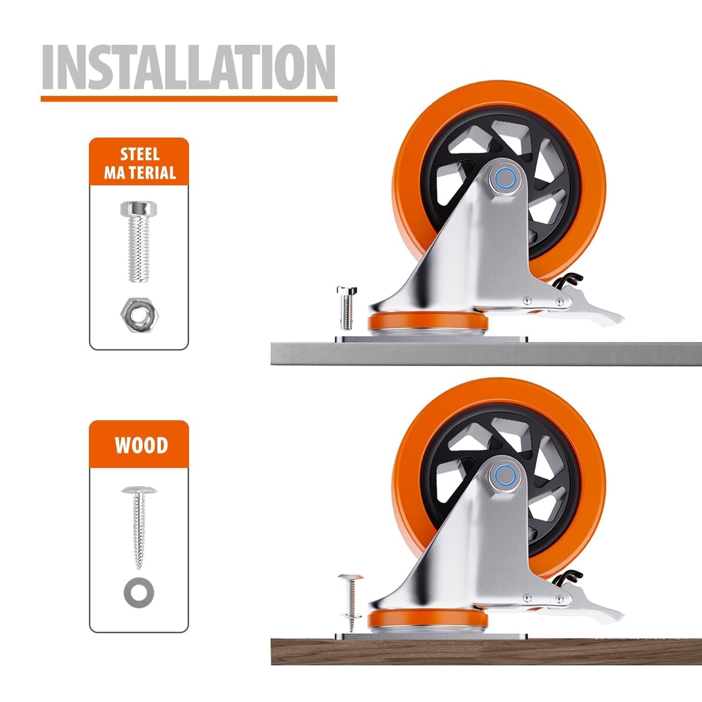 5 Inch Swivel Caster Wheels Set of 4, Heavy Duty Casters with Brake - Load 1800lbs, Polyurethane Locking Casters for Cart, Furniture, Workbench