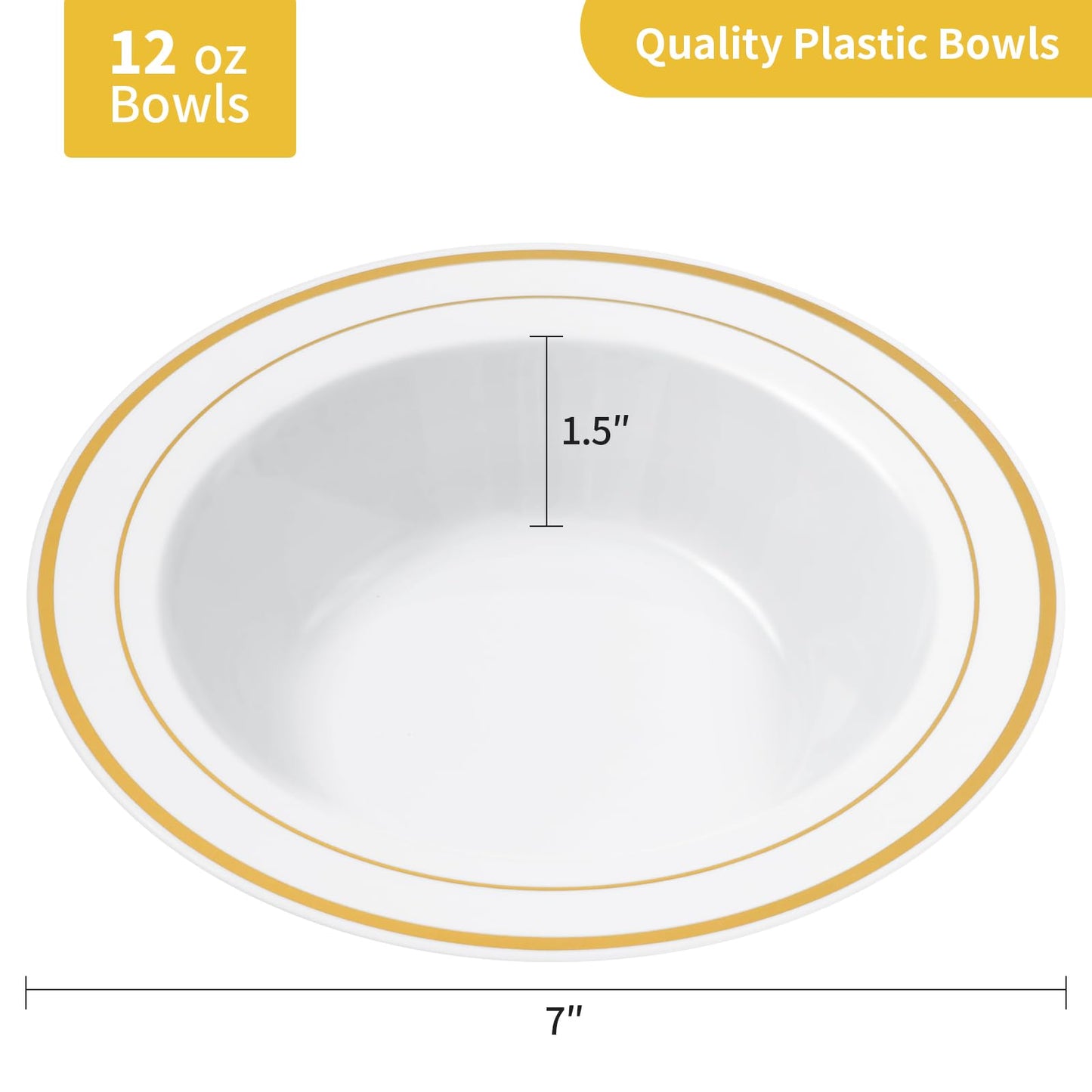 Goodluck 50 Pack Plastic Soup Bowls with Gold Rim, 12oz Disposable Soup Bowls, Heavy Duty Dessert Bowls for Weddings, Parties, Dinners, Catering, Thanksgiving and Everyday Use