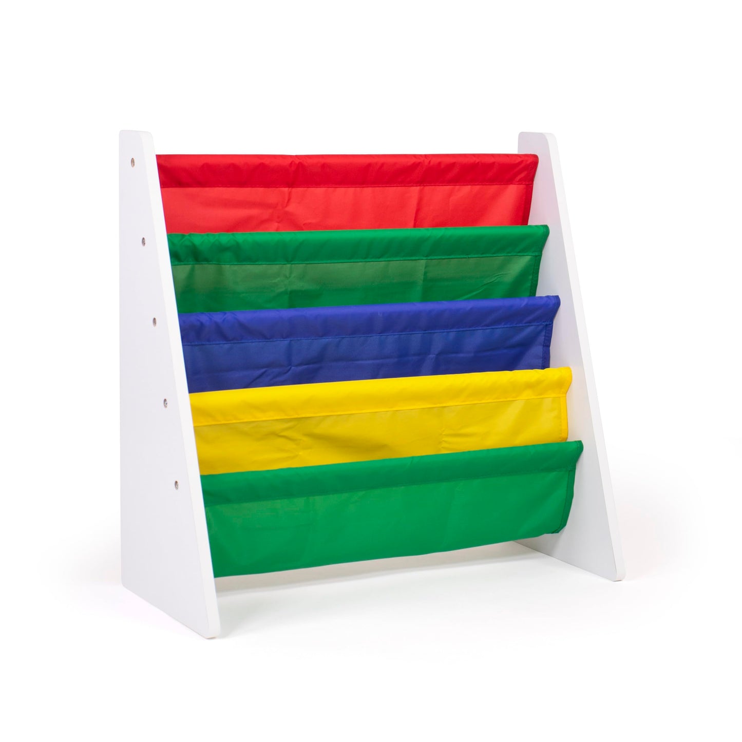 Humble Crew 4-Tier Kids Bookshelf, White Wood/Primary - Premium Book Shelf for Kids Rooms with Four Deep Pockets - Toddler Sling Book Rack with Deep Sleeves, Nursery Bookcase Organizer