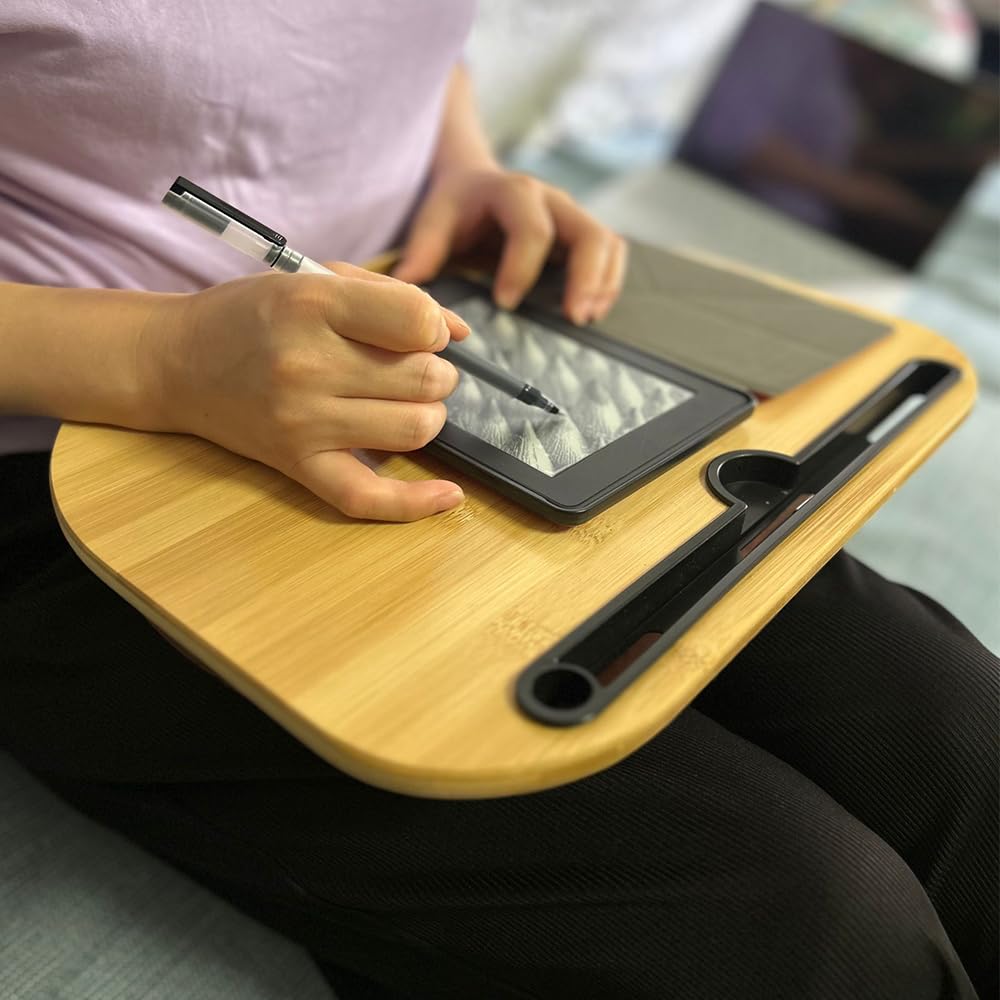 SKYZONAL Lap Desk, Laptop Lap Bamboo Desks with Anti-Slip Stopper Removable Pillow Cushion Cover, Right Left Mouse Pad and Wrist Pad, Tablet Phone Holder for Bed Sofa Couch Floor