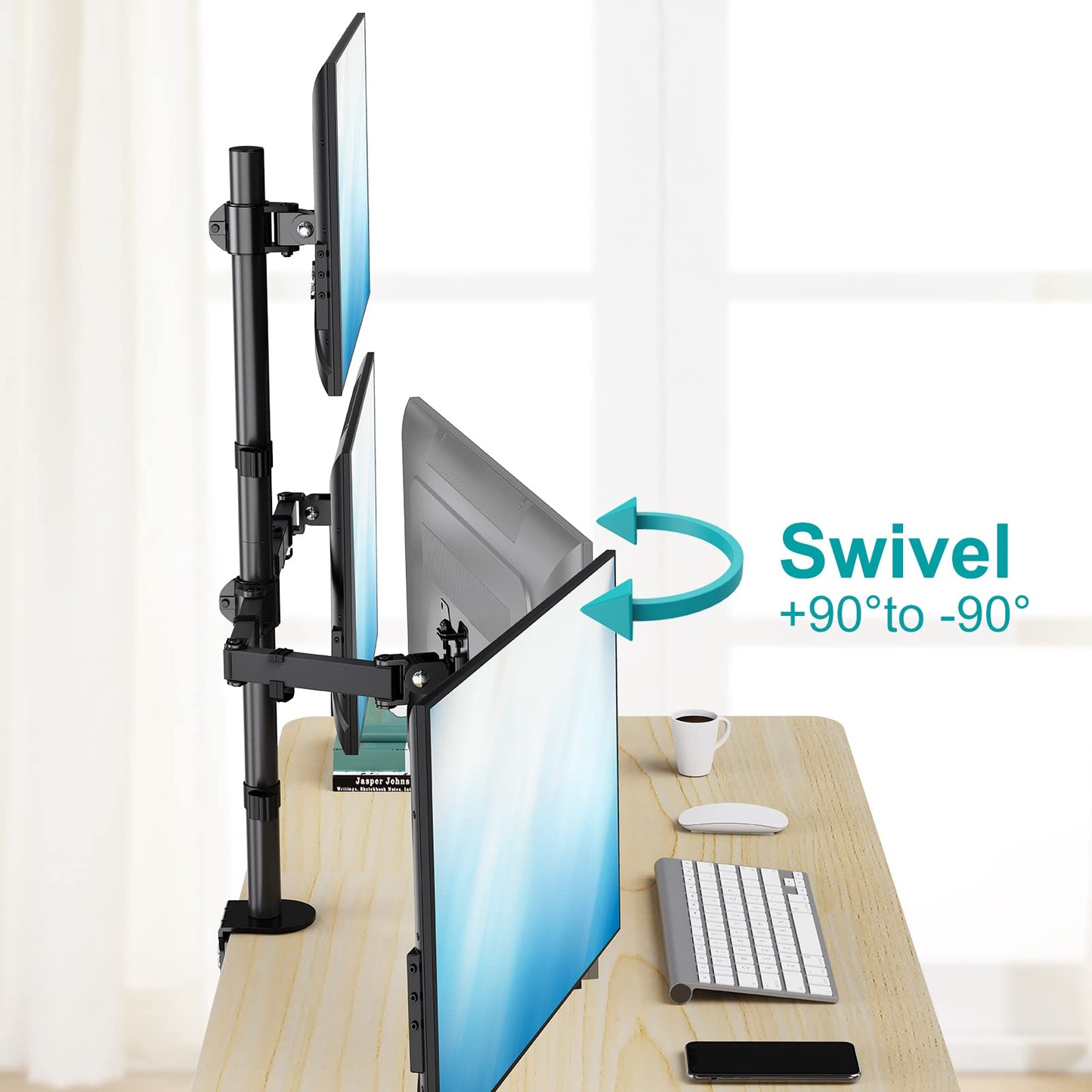 MOUNT PRO Triple Monitor Stand, Fits 3 Screens Up to 32 Inch, Fully Adjustable Stacked Monitor Desk Mount, VESA Compatible, C Clamp/Grommet Base